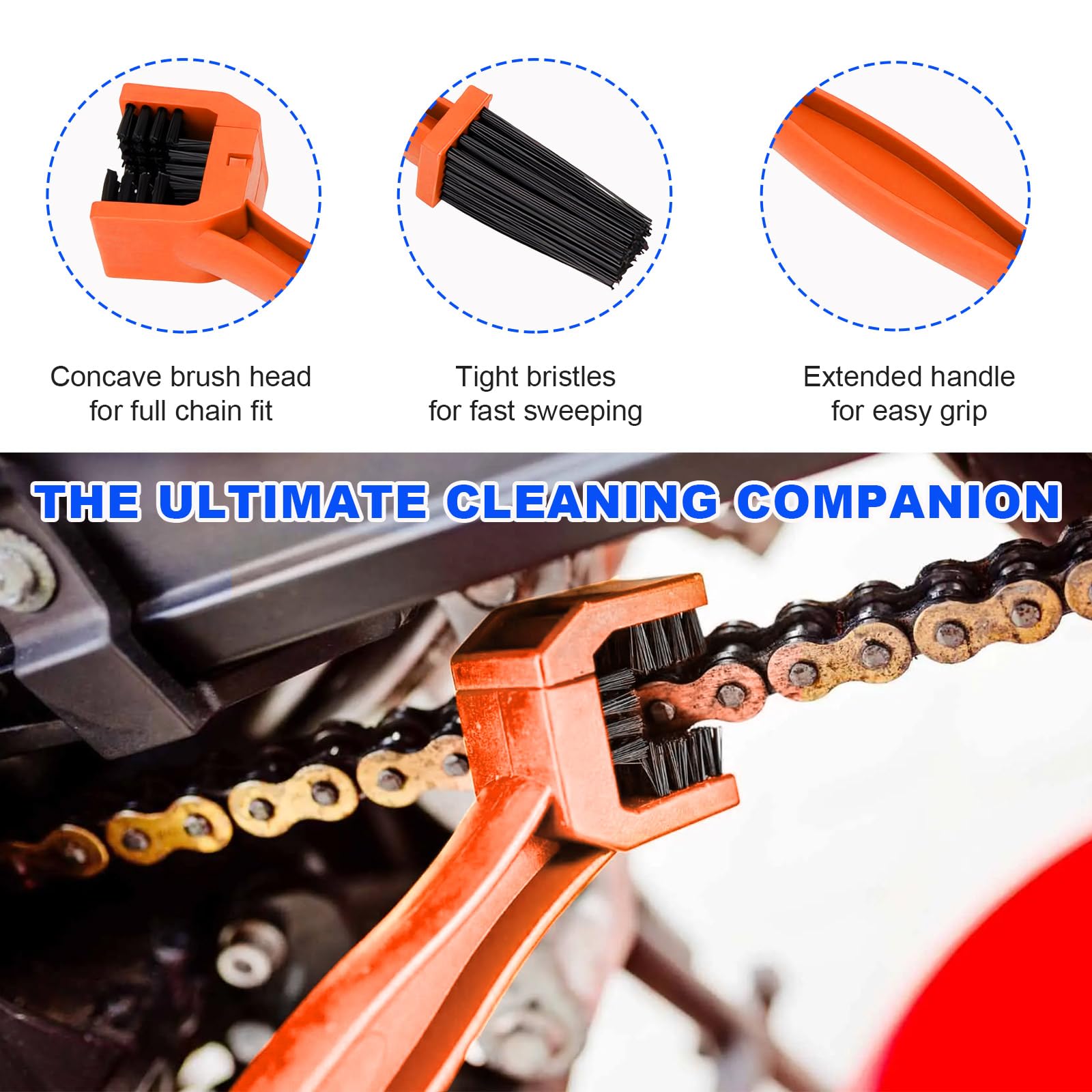 Universal Bike & Motorcycle Chain Cleaner Brush - 3-Side Scrubber for Bicycle & Motorcycle Maintenance (Orange)