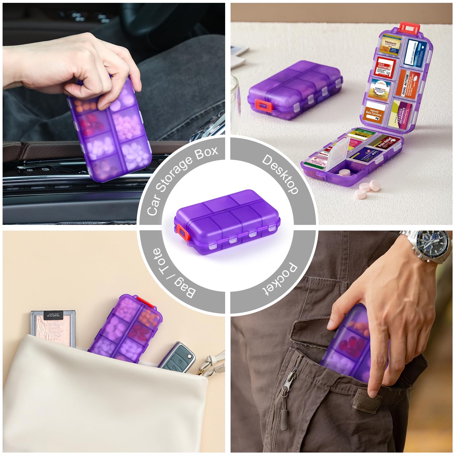 14-Grid Travel Pill Organizer Box with 415 Medicine Labels - Portable Daily Pharmacy Case for Vitamins, Fish Oil & Supplements - Clear Purple - Perfect for Travel, Home & Office Medication Storage