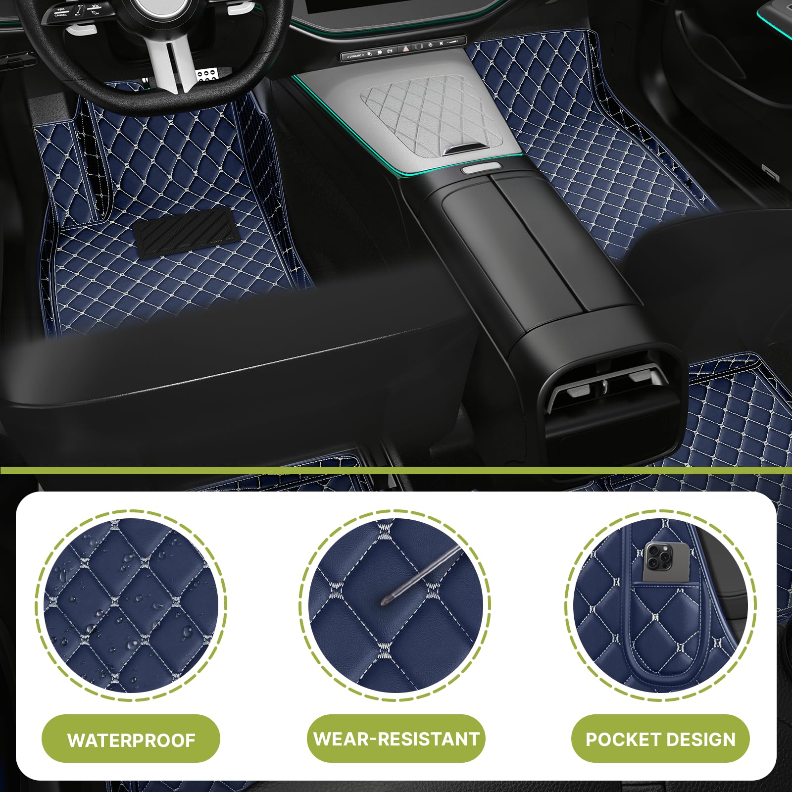 Custom Fit All-Weather Non-Slip Leather Car Floor Mats for Chevrolet Corvette 2019-2022 - Durable Protection & Enhanced Grip - Perfect for Daily Commute, Road Trips & Winter Driving (Blue)