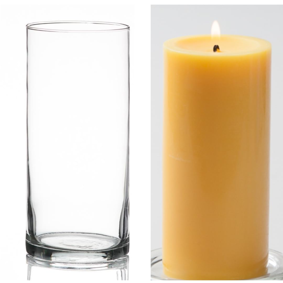 12 Pack Eastland Glass Cylinder Vases 7.5 Inch & 12 Pack Richland Pillar Candles 6 Inch Yellow - Perfect for Wedding Centerpieces, Home Decor, and Special Events