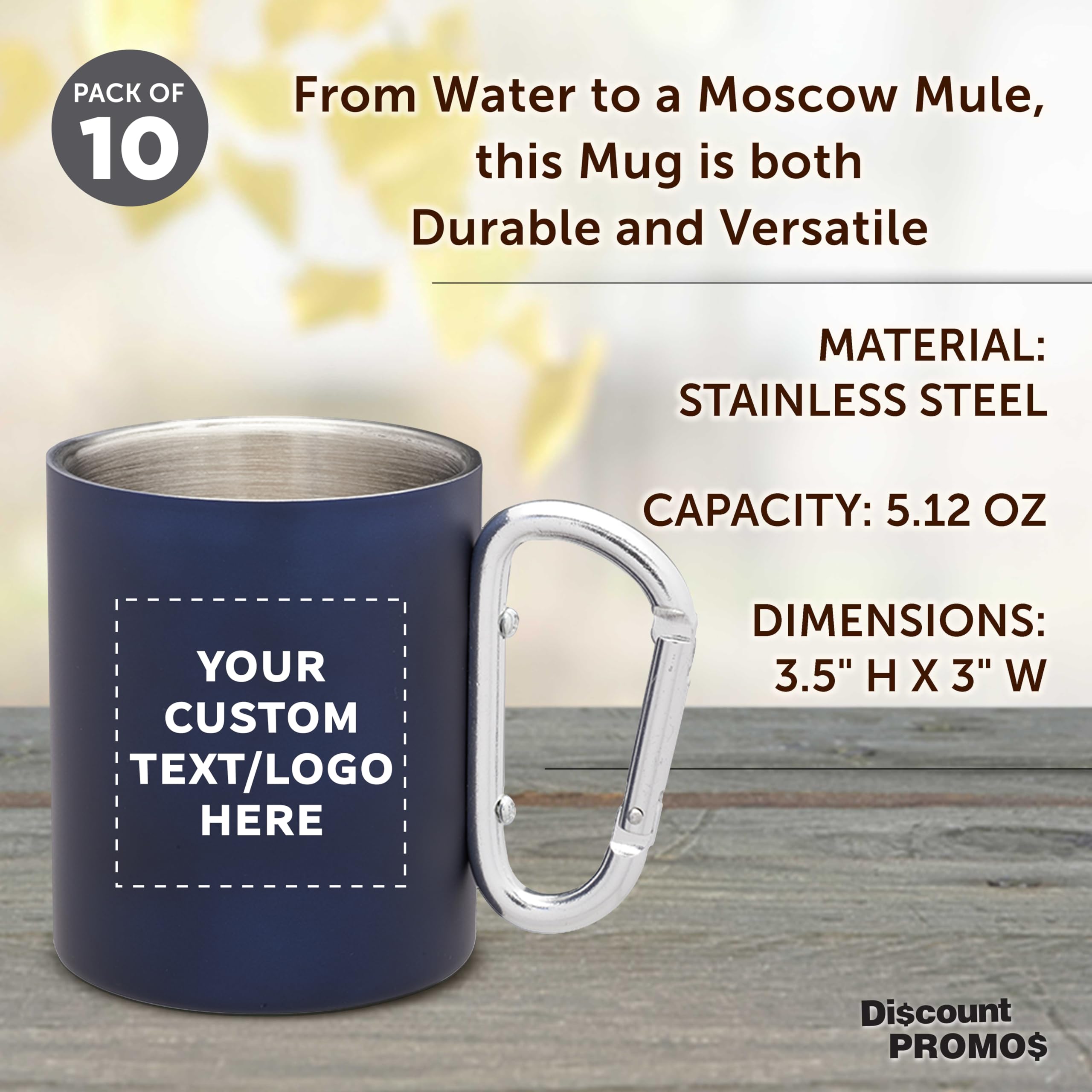 10-Pack Custom Stainless Steel Mugs with Carabiner Handle - 10oz Insulated Travel Coffee Cups for Hot & Cold Beverages - Personalized Bulk Pack Navy Blue - Perfect for Camping, Office, Gifts & Outdoor Activities