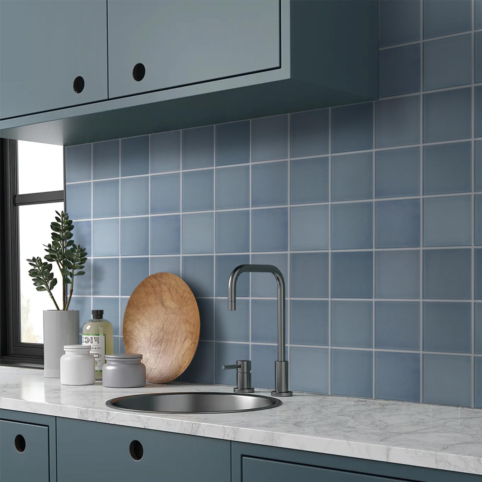 Commomy 10-Pack Matte Blue PVC Peel and Stick Wall Tiles 11.8x11.8 Inch - 3D Square Self-Adhesive Backsplash for Kitchen, Bathroom, Bedroom, Living Room & RV - Easy DIY Home Renovation, Waterproof Decorative Wall Panels