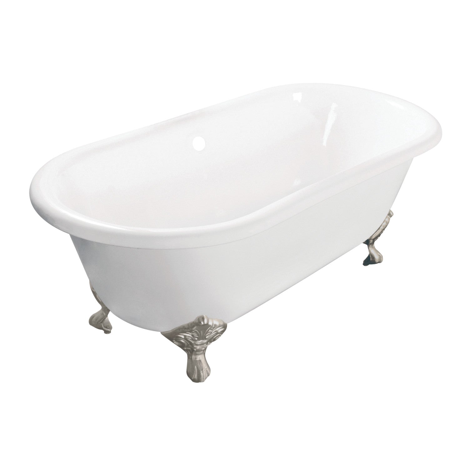 60 Inch White Cast Iron Clawfoot Bathtub - Oval Double Ended Freestanding Soaking Tub with Brushed Nickel Feet | Vintage Style for Bathroom, Spa & Luxury Home Decor