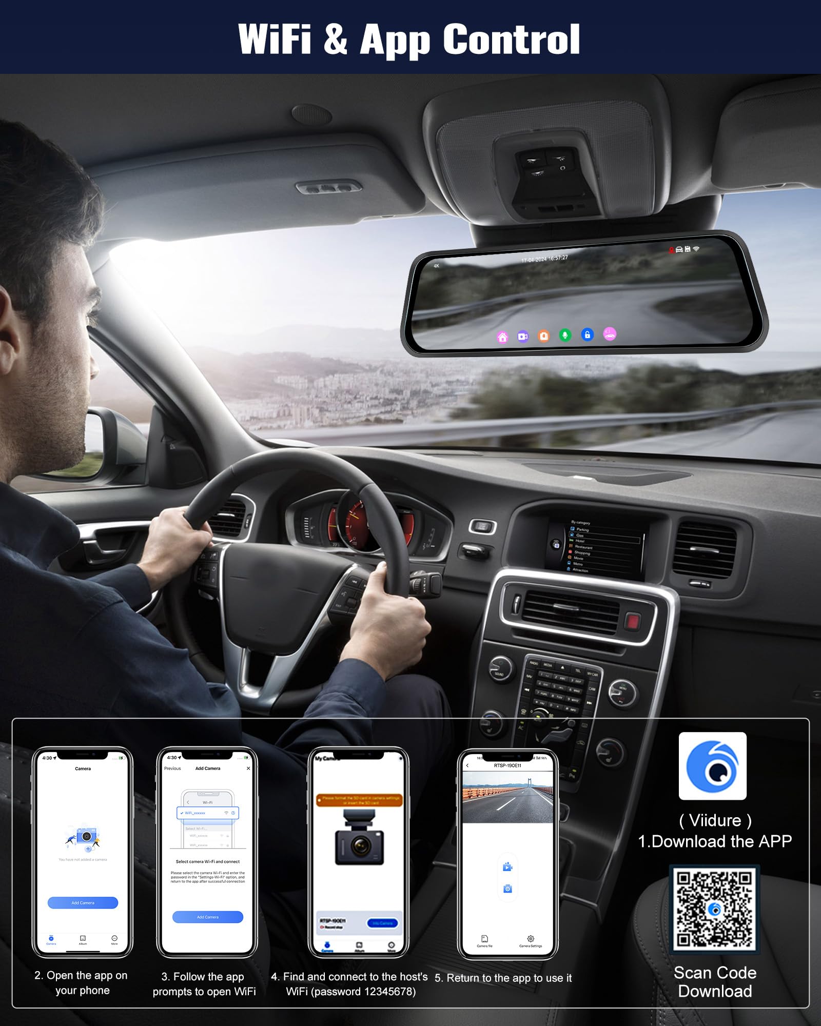 SIXWIN 9.66 Inch 4K Dual Dash Cam Front and Rear - Touch Screen Mirror Camera with WiFi, Blind Spot Detection, App Control & 24H Parking Monitor - Perfect for Safe Driving, Night Vision Recording, and Parking Surveillance