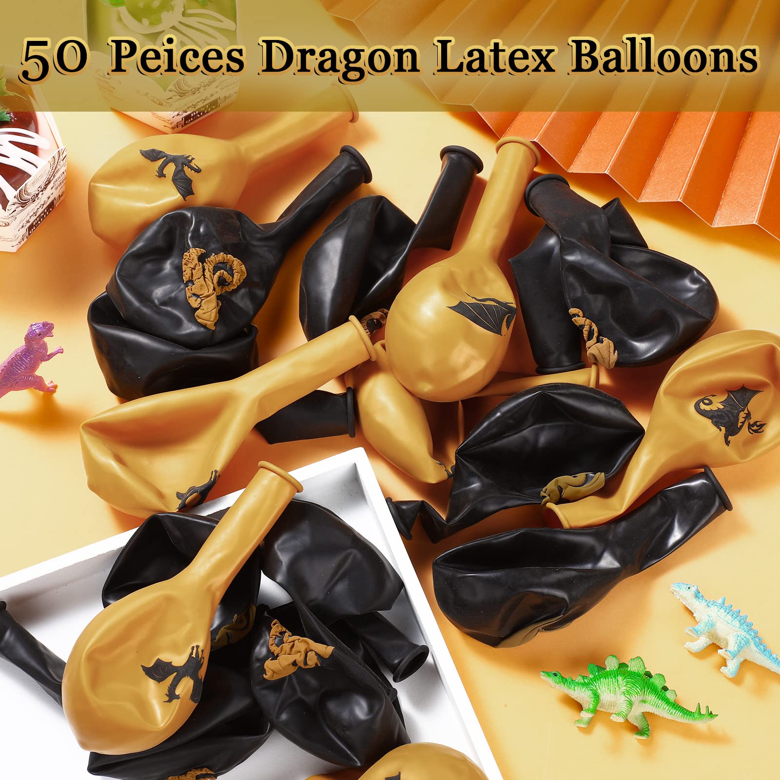 Zomiboo 50-Piece Dragon Theme Party Supplies Set - Black Gold Fantasy Birthday Decorations with 12-Inch Balloons for Medieval, D&D, and Fantasy Themed Parties