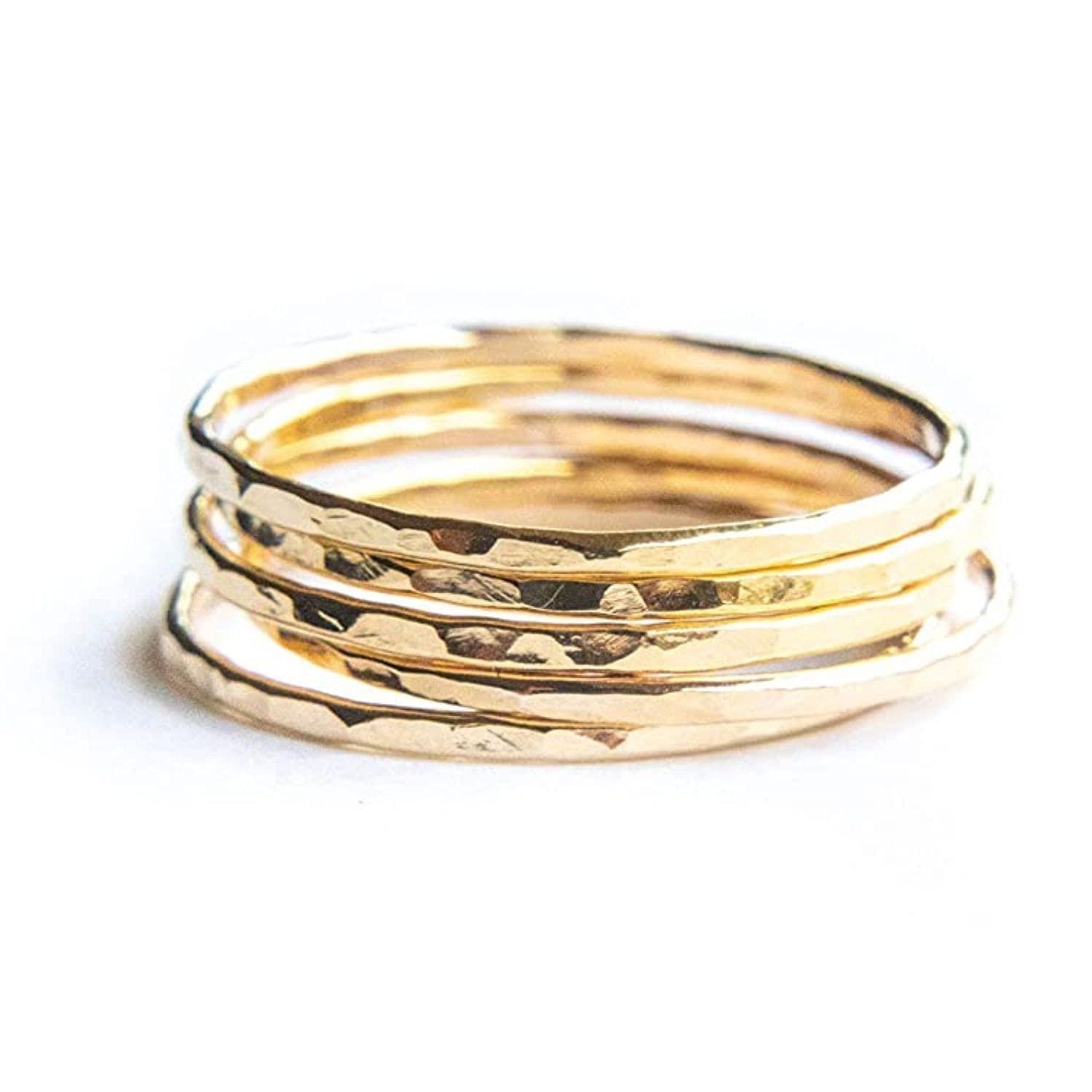 Hammered Gold Fill Stacking Rings for Women - Minimalist Thin Band Ring Set - Size 8 - Perfect for Layering, Everyday Wear & Gift Giving