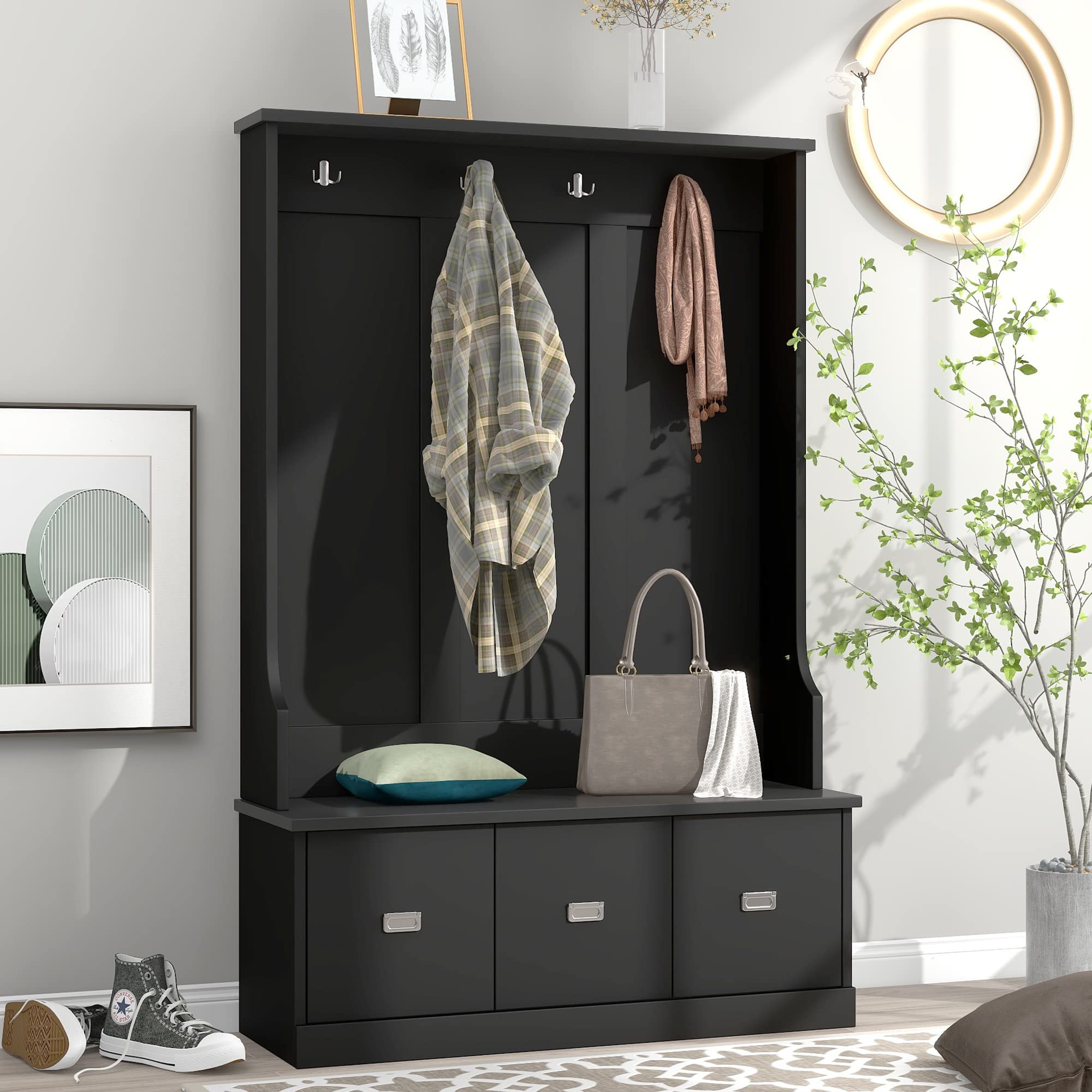Yoluckea 3-in-1 Hall Tree with 4 Hooks & 3 Large Drawers - Entryway Storage Bench, Coat Rack & Shoe Bench for Hallway, Foyer or Mudroom Organization (Black) - Perfect for Small Spaces & Home Entry Storage Solutions