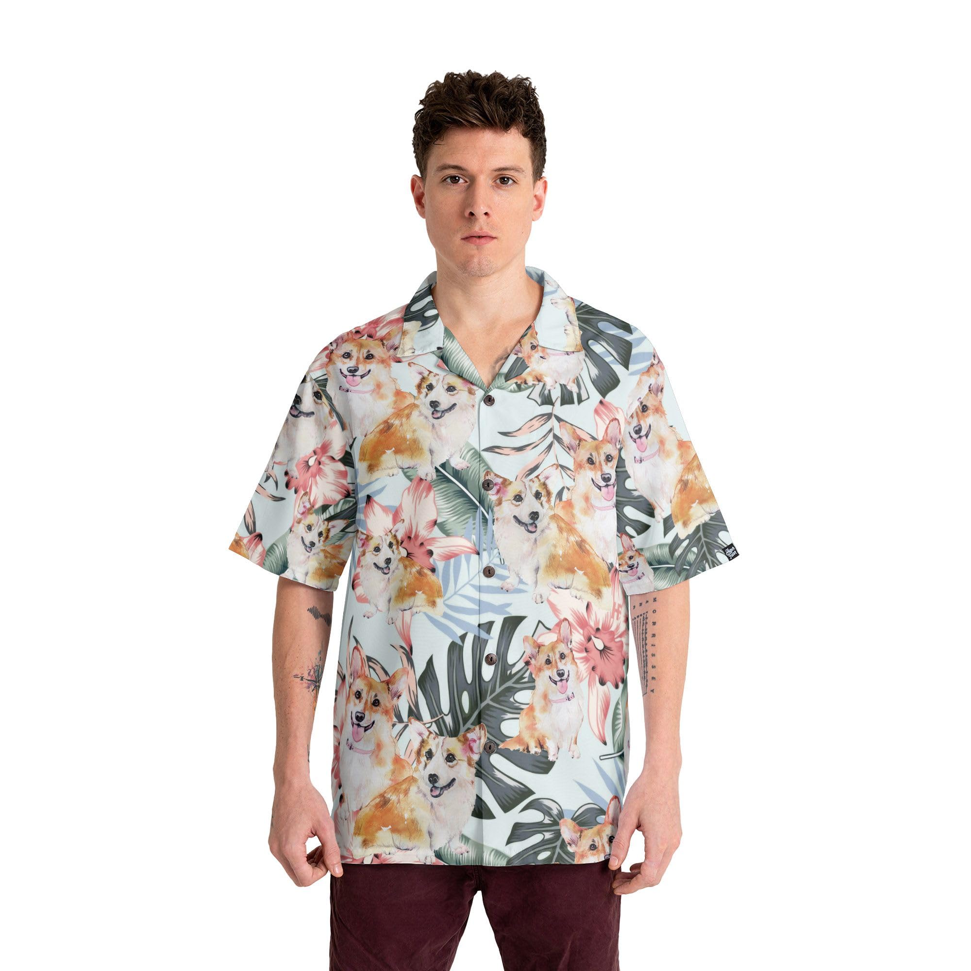 HYPERFAVOR Men's Corgi Hawaiian Shirt - Cute Button Down Dog Lover Gift - Casual Summer Beach Shirt for Corgi Owners & Puppy Enthusiasts