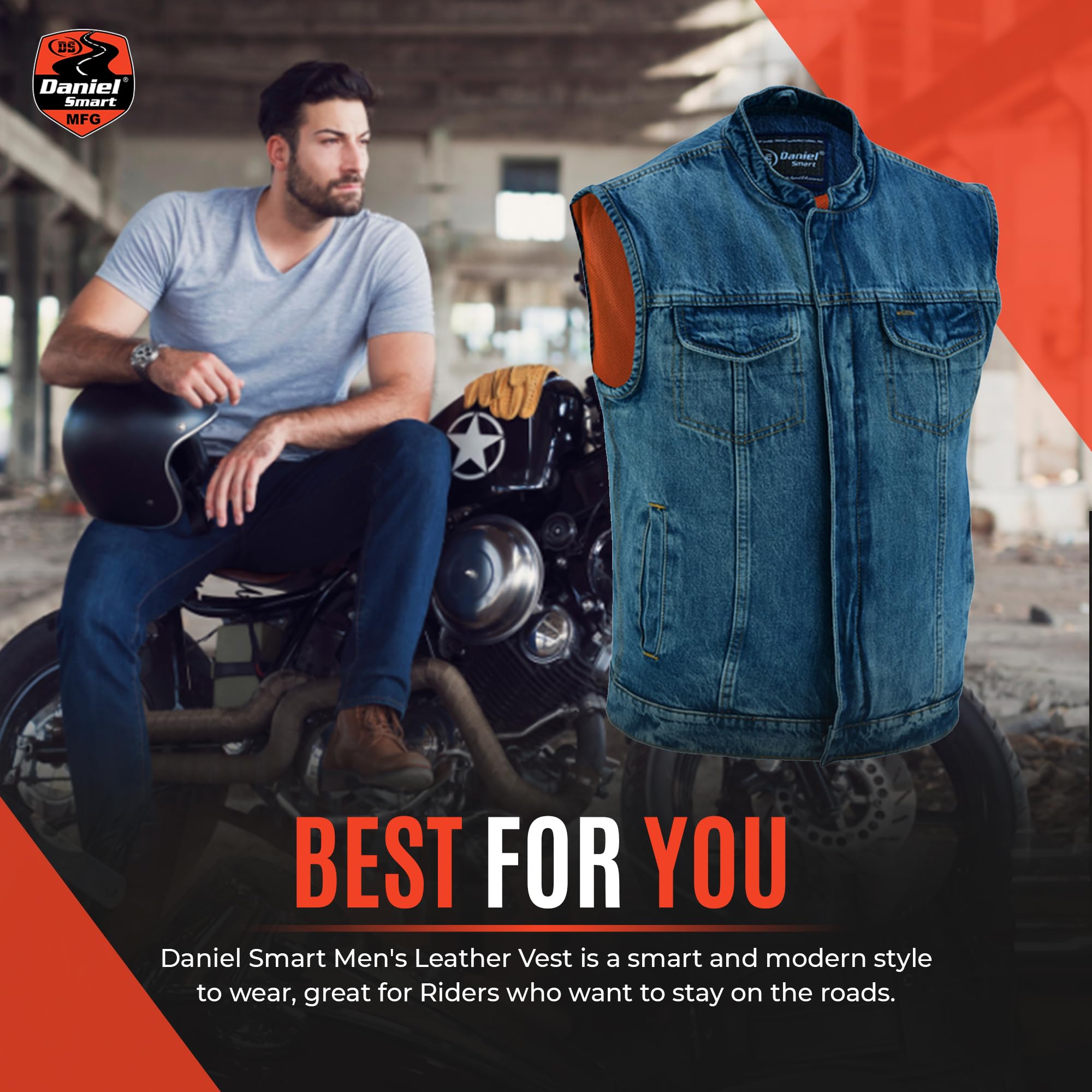Daniel Smart Men's Denim Vest - Scoop Collar Motorcycle Jacket with Concealed Armory Pockets & Hidden Zipper - Perfect for Biker Outfits, Casual Wear & Outdoor Adventures