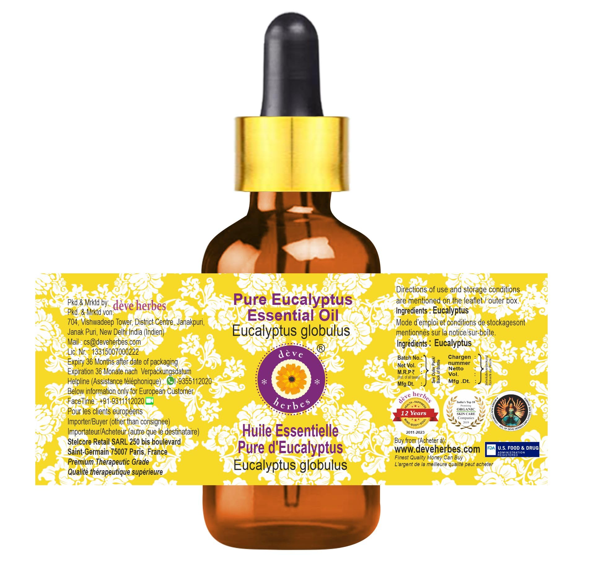 Pure Eucalyptus Essential Oil (Eucalyptus globulus) 10ml - Steam Distilled, Therapeutic Grade with Glass Dropper - for Aromatherapy, Diffusers, Massage & Skin Care