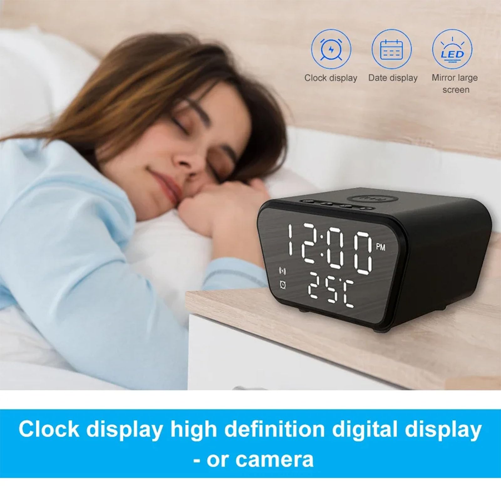 FKINGLRK Multifunctional LED Digital Alarm Clock with Wireless Charger & 1080P HD IP Camera - Home Security Surveillance, Bedroom Nightstand Companion, Office Desk Organizer