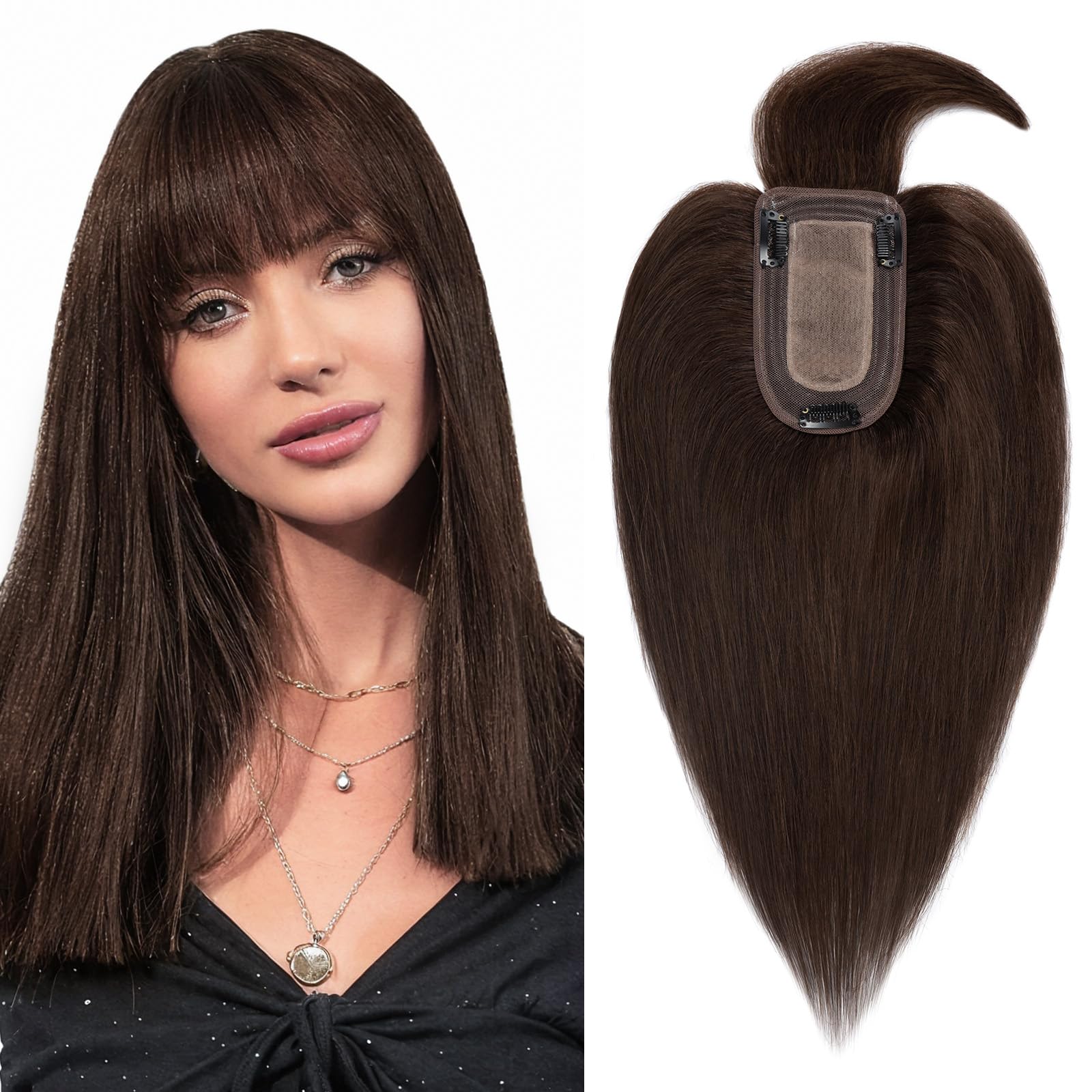 Benehair Clip-in Hair Topper for Women - 16 Inch Human Hair Extension with Thin Bangs, Silk Base, Straight & Soft (Dark Brown #2) | Perfect for Hair Loss, Thinning & Styling