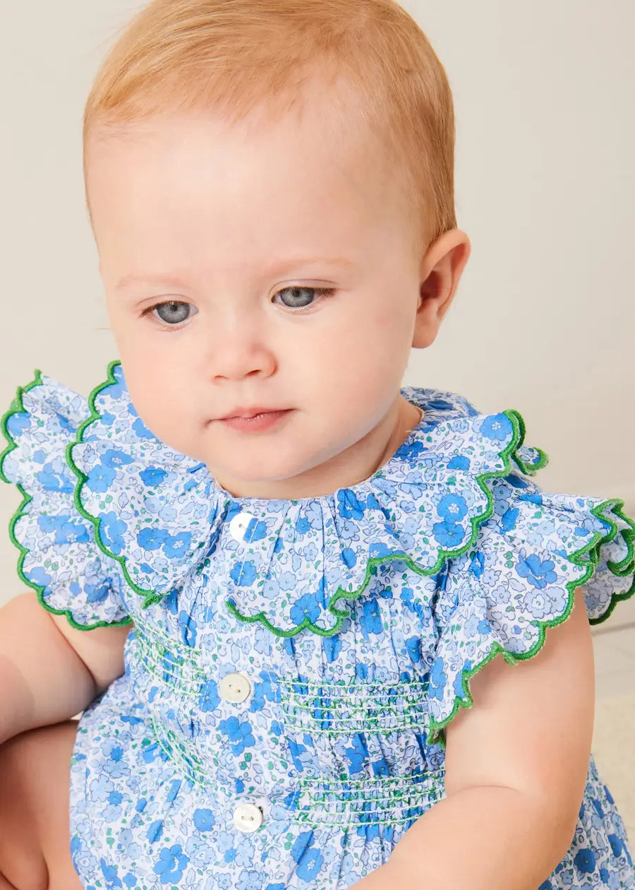 Olivia Floral Smocked Ruffle Collar Sleeveless Romper for Baby Girls - Blue (6 Months to 2 Years) | Perfect for Summer Outfits, Photoshoots & Special Occasions