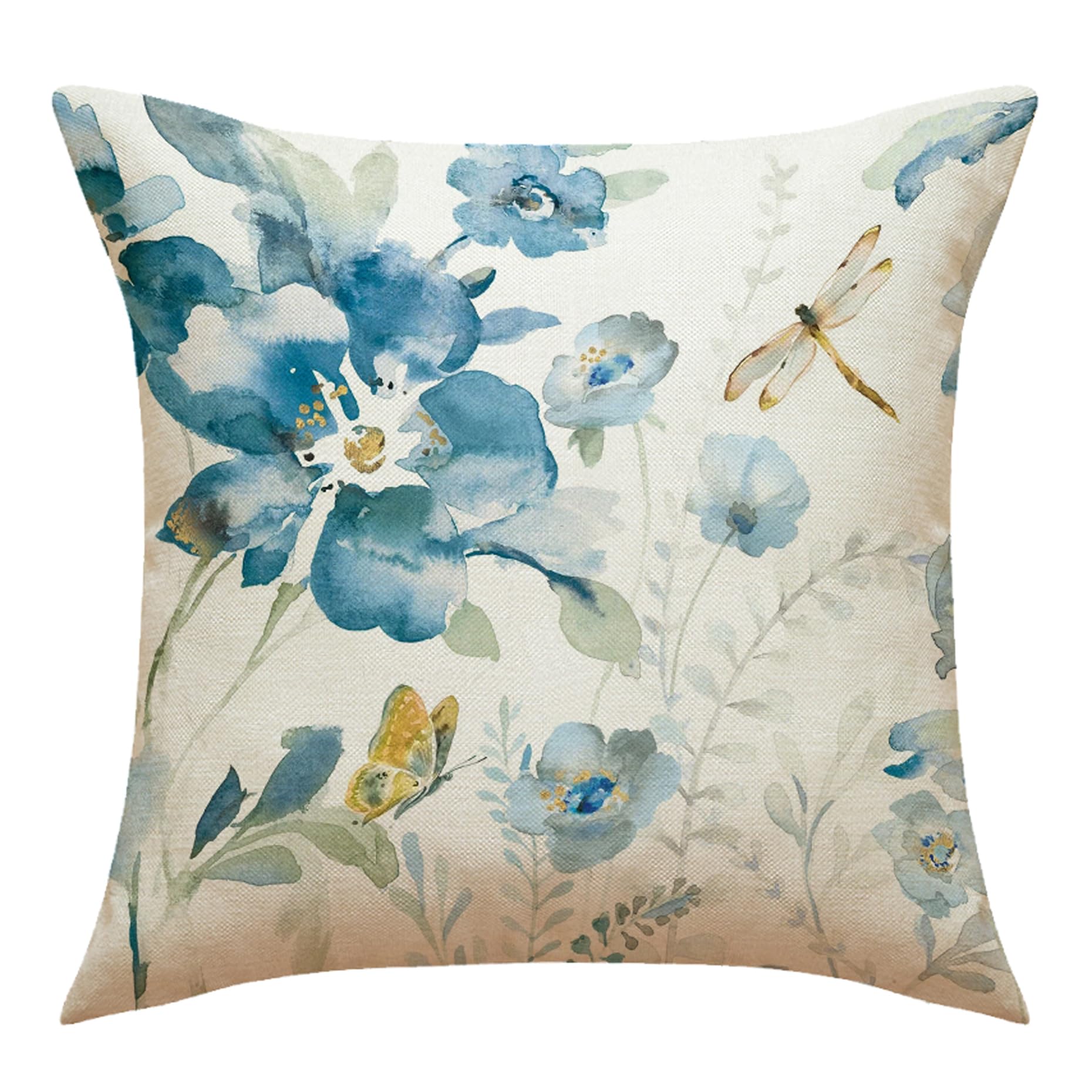 WOMHOPE 18x18 Inch Burlap Throw Pillow Covers - Pack of 4, Blue Floral Bird Butterfly Design for Sofa, Couch & Home Decor | Perfect for Living Room, Bedroom & Seasonal Decoration