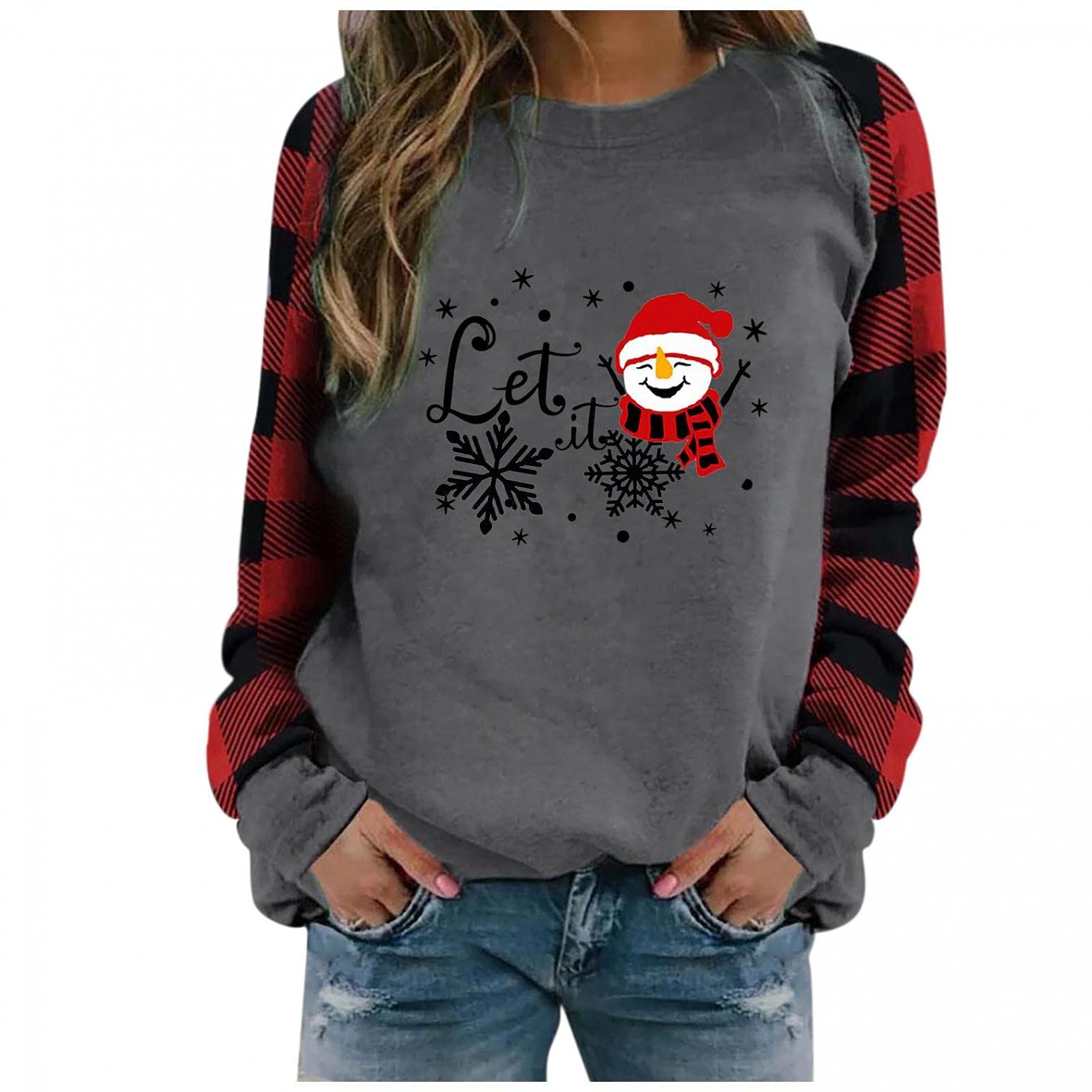 siilsaa Women's Long Sleeve Crew Neck Sweatshirt - Christmas Plaid Elk Print Pullover Top for Fall & Winter | Casual Warm Fleece Shirt for Holiday Outfits, Christmas Party & Cozy Lounge Wear