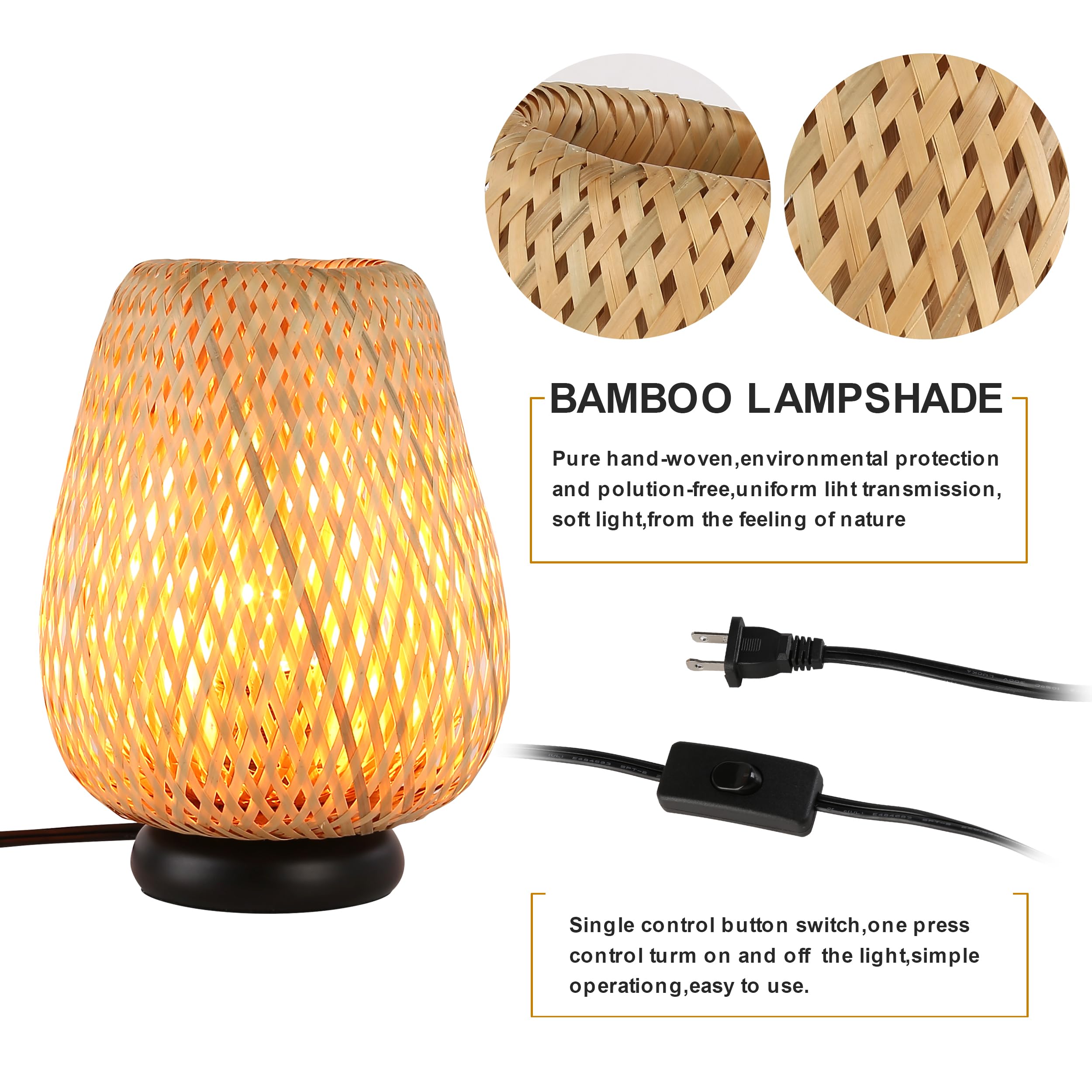 Boho Handmade Bamboo Rattan Table Lamp with Woven Cylinder Shade & Metal Base - Industrial Wicker Desk Light for Living Room, Bedroom, Farmhouse - Perfect for Cozy Home Decor & Reading Nook Ambiance
