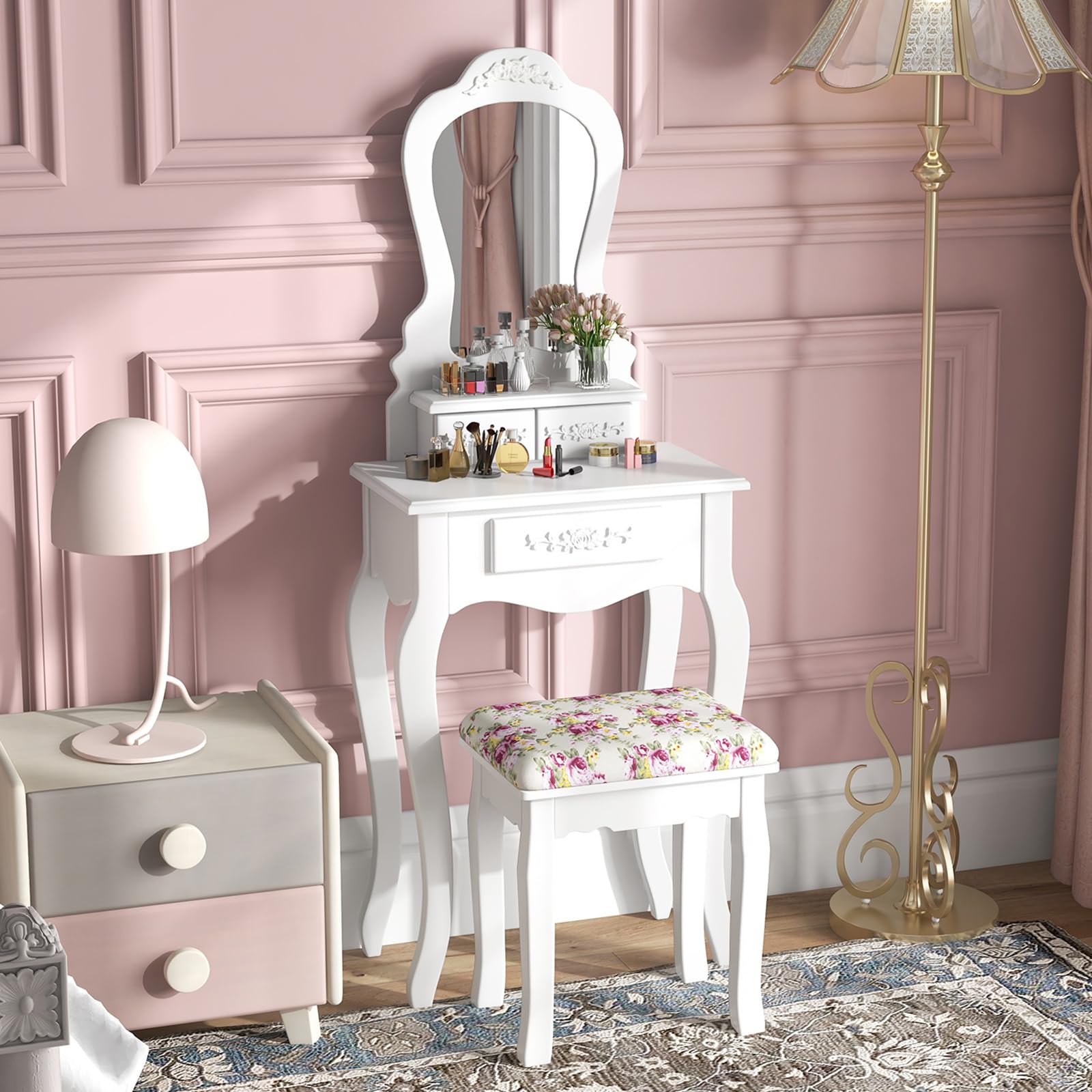 Giantex Small Vanity Desk Set with Mirror - White Makeup Dressing Table with Cushioned Stool & 3 Storage Drawers, 20 Inch Compact Vanity for Girls Bedroom | Perfect for Small Spaces, Makeup Application & Home Decor
