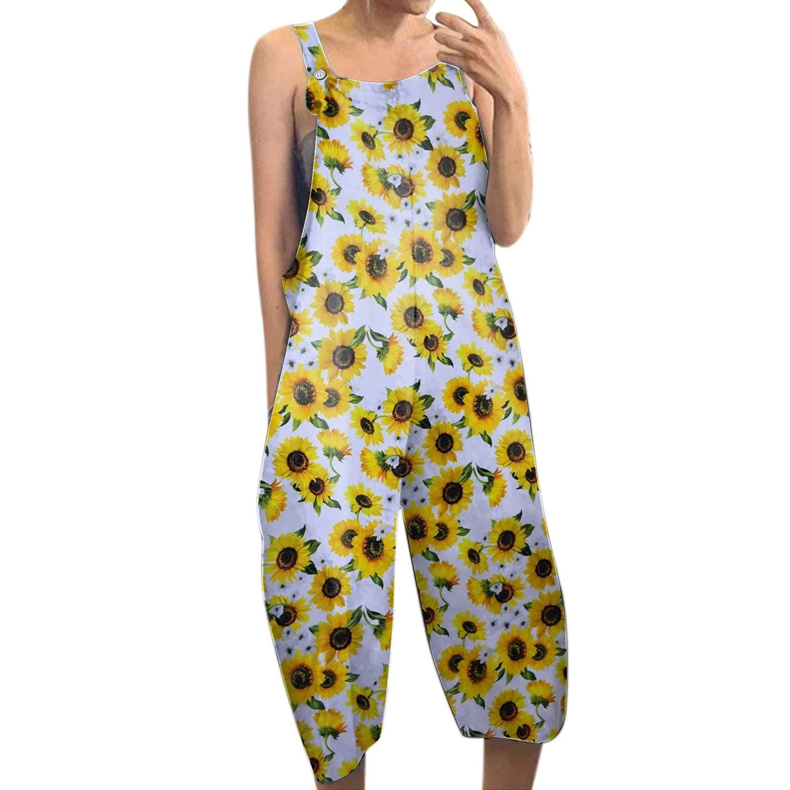 Women's Sleeveless Jumpsuit Romper with Button Front & Pockets - Casual Wide Leg Playsuit for Summer Outfits, Beach Wear, and Street Fashion