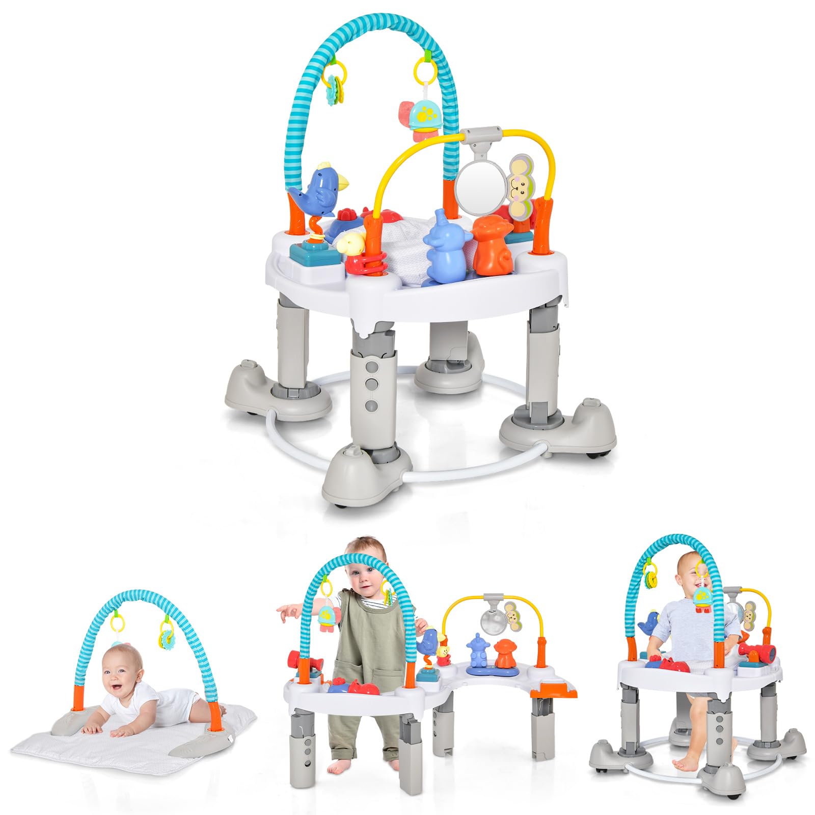 INFANS 5-in-1 Baby Bouncer Activity Center with 360° Rotating Seat - Adjustable Height Foldable Exersaucer, Learning Walker & Play Mat for Toddlers 6-24 Months - Perfect for Indoor Play, Early Development & Parent-Free Moments (Grey)