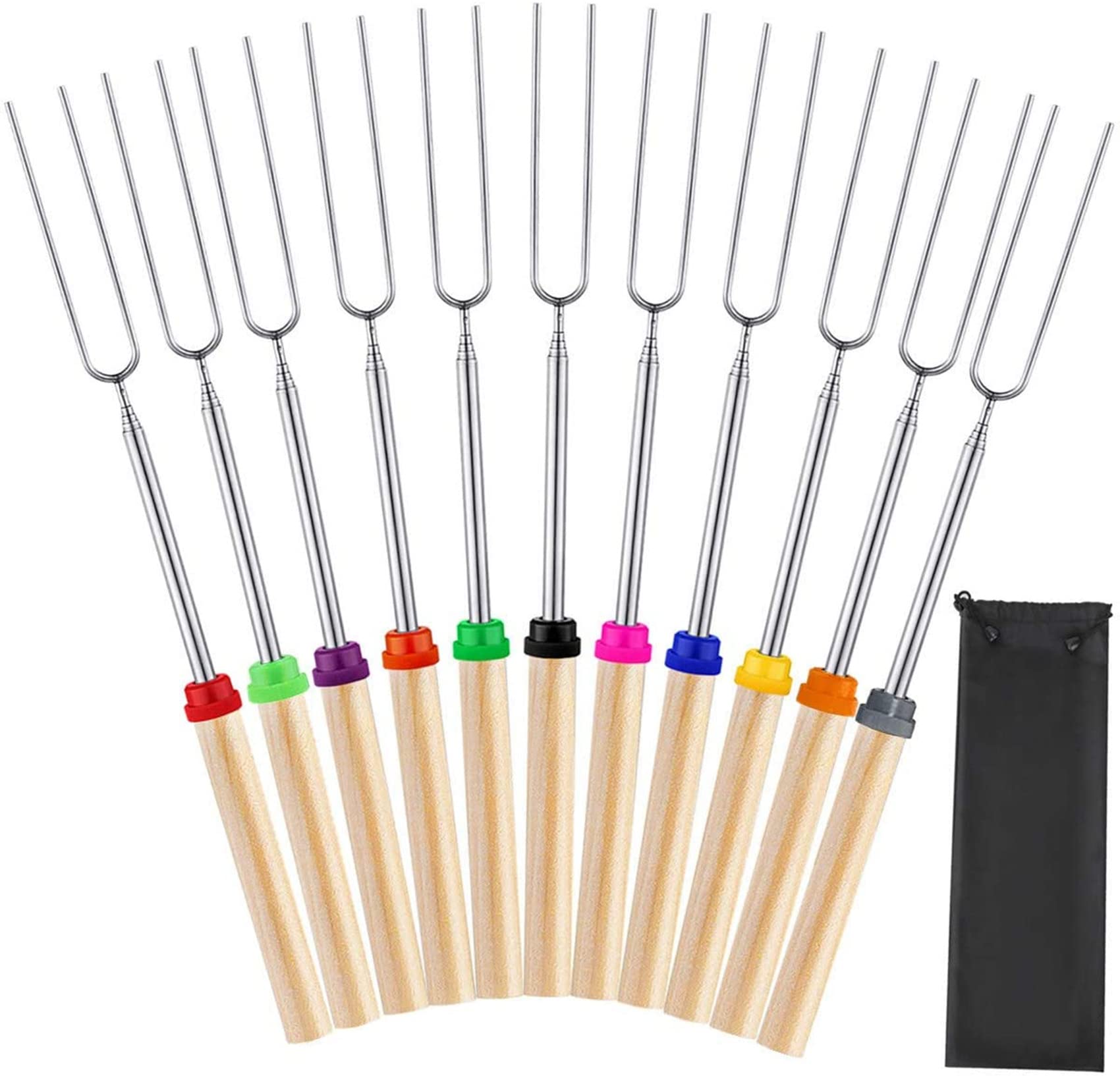 11-Pack Telescopic Marshmallow Roasting Sticks - 32 Inch Extendable Smores Skewers for Campfire, BBQ & Fire Pit - Includes Portable Storage Bag - Perfect for Backyard Gatherings, Camping Trips & Outdoor Cooking