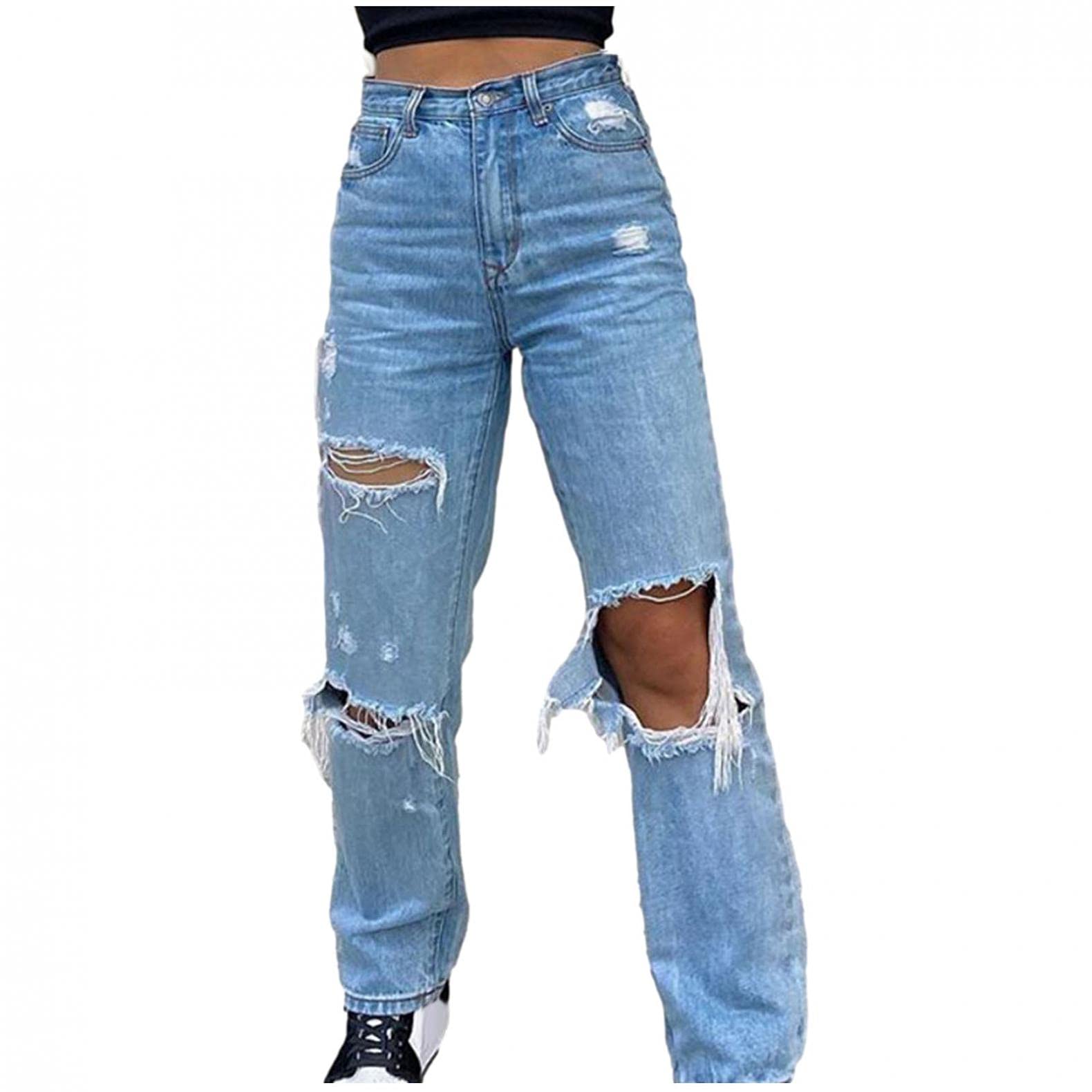 Y2K Fashion Jeans for Women - High Waisted Ripped Retro Straight Wide Leg Baggy Denim Pants | 90s Vintage Style Casual Outfit, Streetwear & Everyday Wear