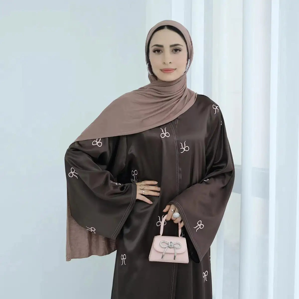 Elegant Open Abaya Dress with Bow Embroidery - Satin Cardigan for Women in Gray, Coffee & Black | Perfect for Prayer, Modest Fashion & Special Occasions