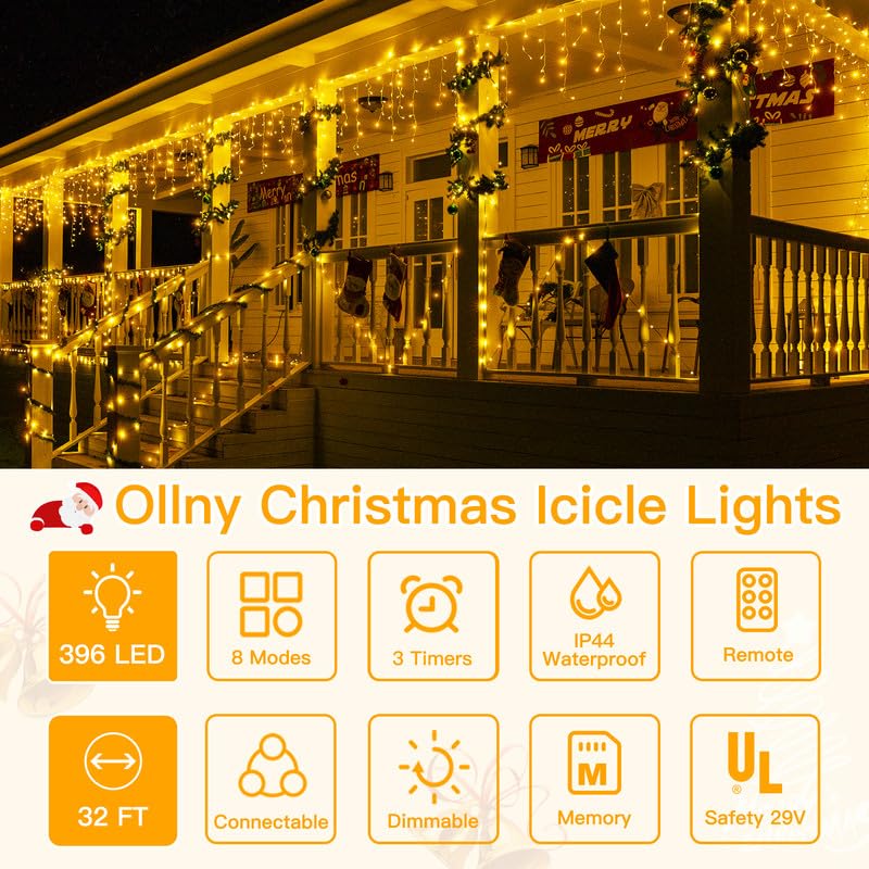396LED 32FT Outdoor Christmas Icicle Lights - Warm White Waterproof Hanging Lights with Remote & 8 Lighting Modes - Connectable Plug-in Holiday Decor for Roof, House, Garden, and Indoor Use - Perfect for Christmas, New Year, and Winter Festival Decorations