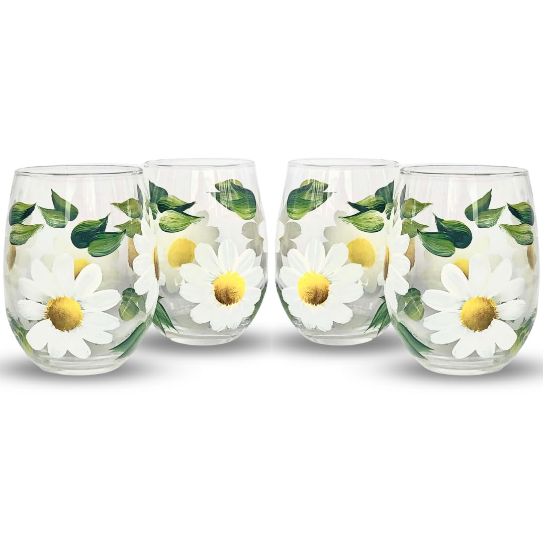 Handpainted Daisy Stemless Wine Glasses Set of 4 - 15oz Floral Glassware for Women, Birthday Gifts for Her, Best Friend Gift Idea - Perfect for Wine Tasting, Bridal Showers, and Home Decor