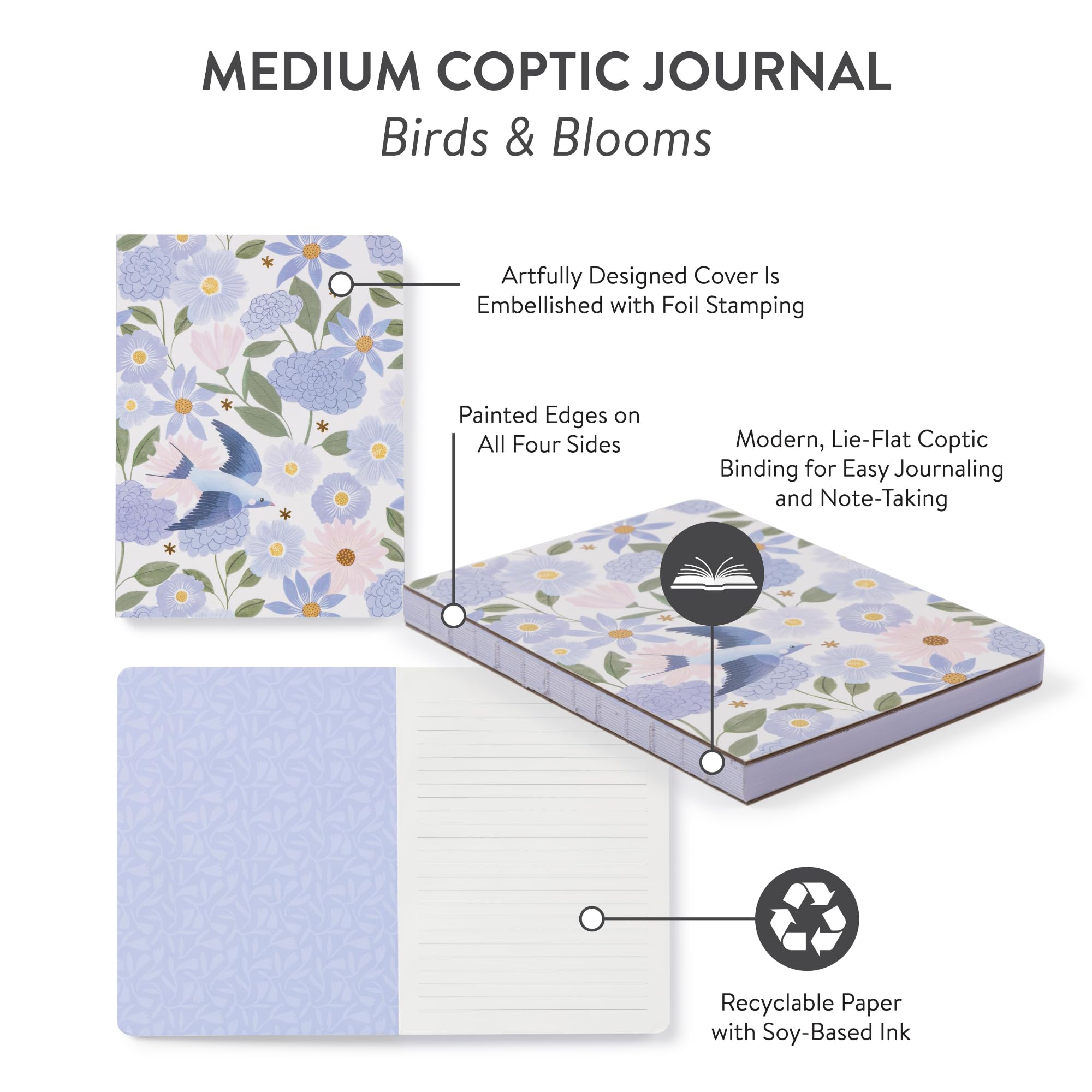 Studio Oh! Medium Coptic Bound Hardcover Journal - Birds & Blooms Design, 6.5