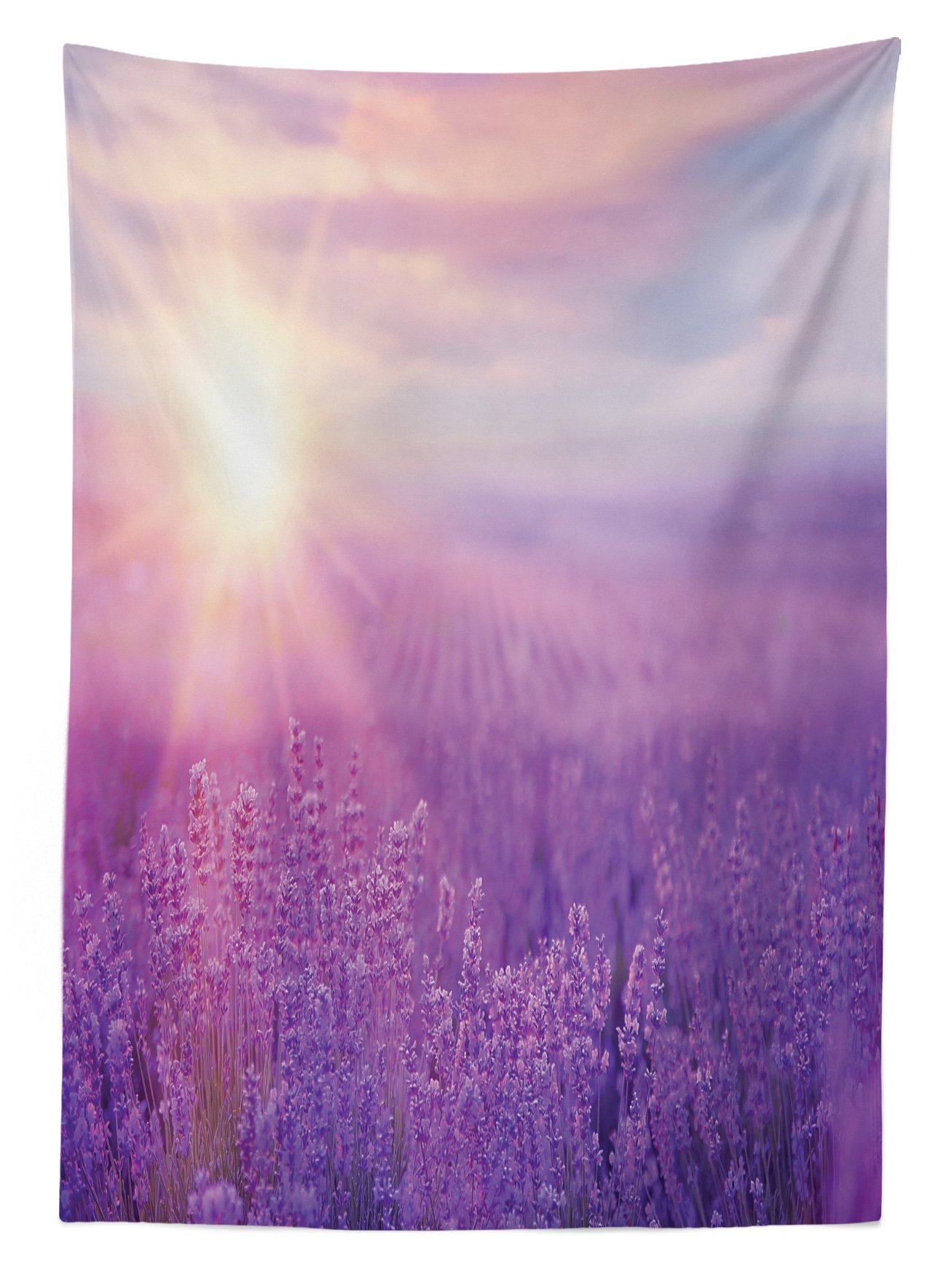 Lunarable Washable Outdoor Tablecloth - Sunset Over Lavender Field in Provence Floral Print, Decorative Picnic Table Cover 58x104 Inches Violet - Perfect for Garden Parties, BBQs, and Outdoor Dining