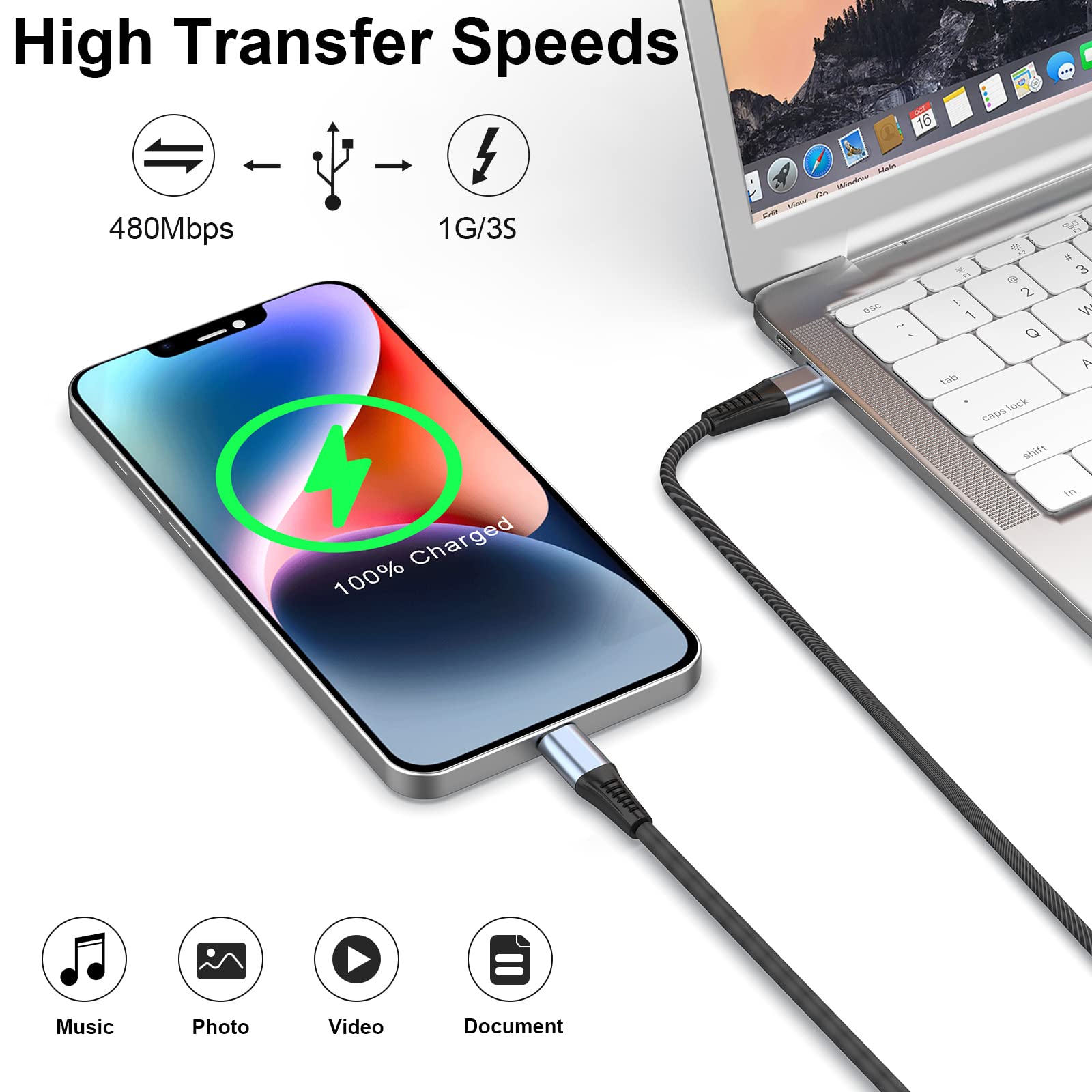 Apple MFi Certified USB C to Lightning Cable - 3A Fast Charging iPhone Charger Cord with 480Mbps High-Speed Data Transfer | Durable Nylon Braided for iPhone 14/13/12/11/X/8 | Perfect for Home, Office & Travel Charging
