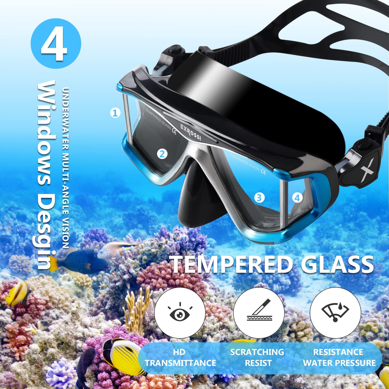 Premium Panoramic 4-Lens Scuba Diving Mask with Tempered Glass & Anti-Fog Coating | Snorkeling Dive Mask with Nose Cover | Professional Swim Goggles for Adults & Youth | Ideal for Scuba Diving, Snorkeling, Swimming & Underwater Exploration