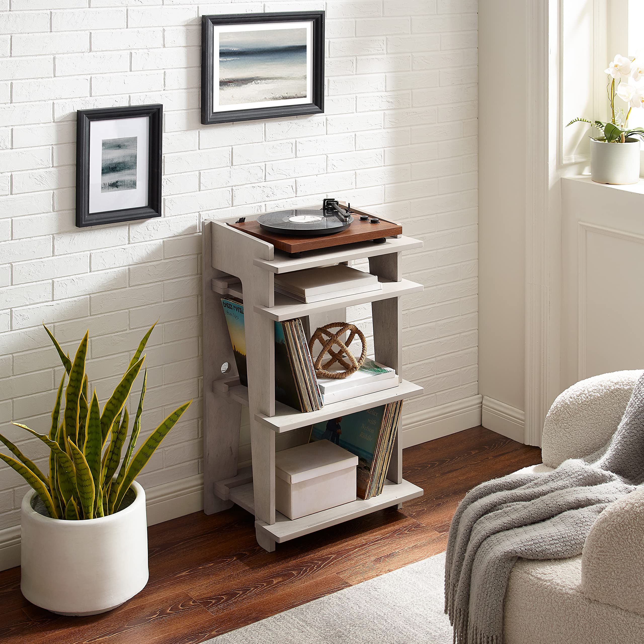 Crosley Furniture Soho Record Player Stand - Modern Vinyl Storage Media Console with Adjustable Shelves, Home Entertainment Organizer in Gray - Perfect for Living Room, Bedroom & Home Theater Setup