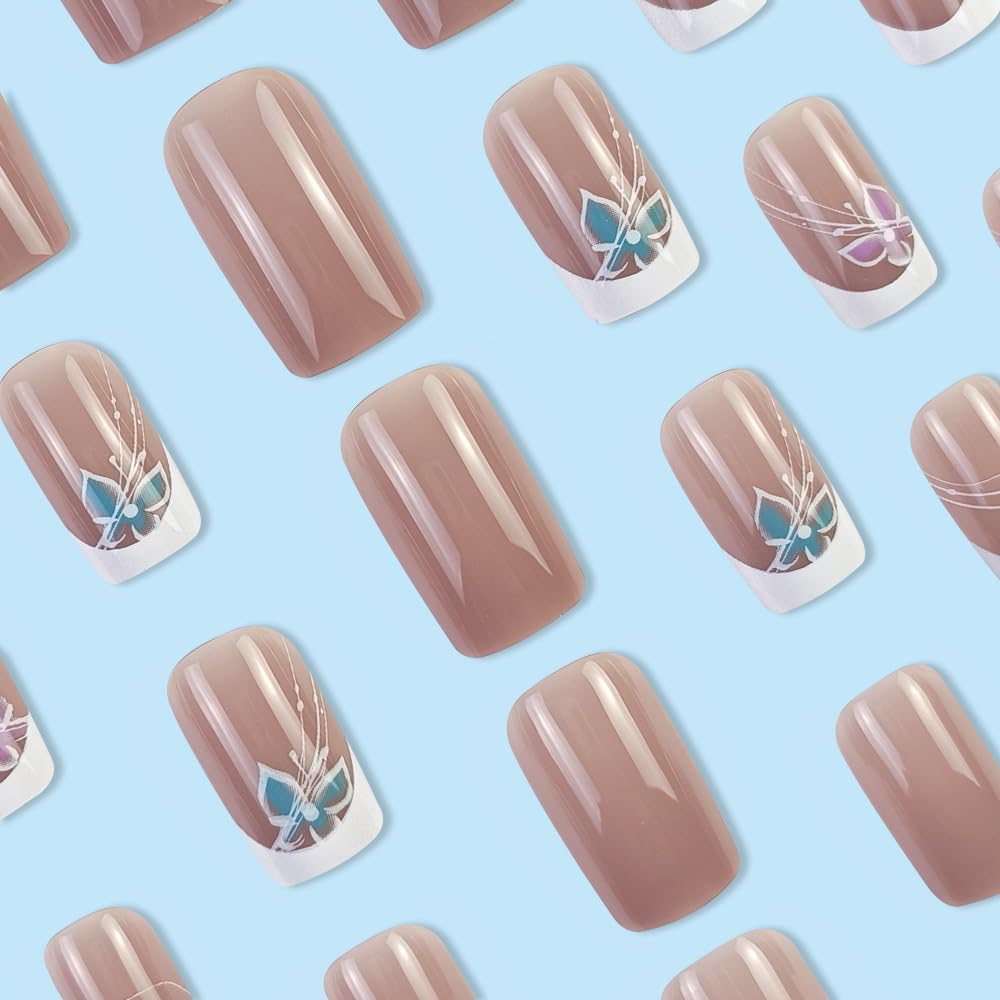 French Tip Press on Nails - Medium Length Square Fake Nails with Pink & Blue Butterfly Design, White Tip Acrylic Artificial Nails - Glossy Stick on Nails for Women, Cute & Elegant Manicure for Parties, Weddings, Date Nights & Daily Wear