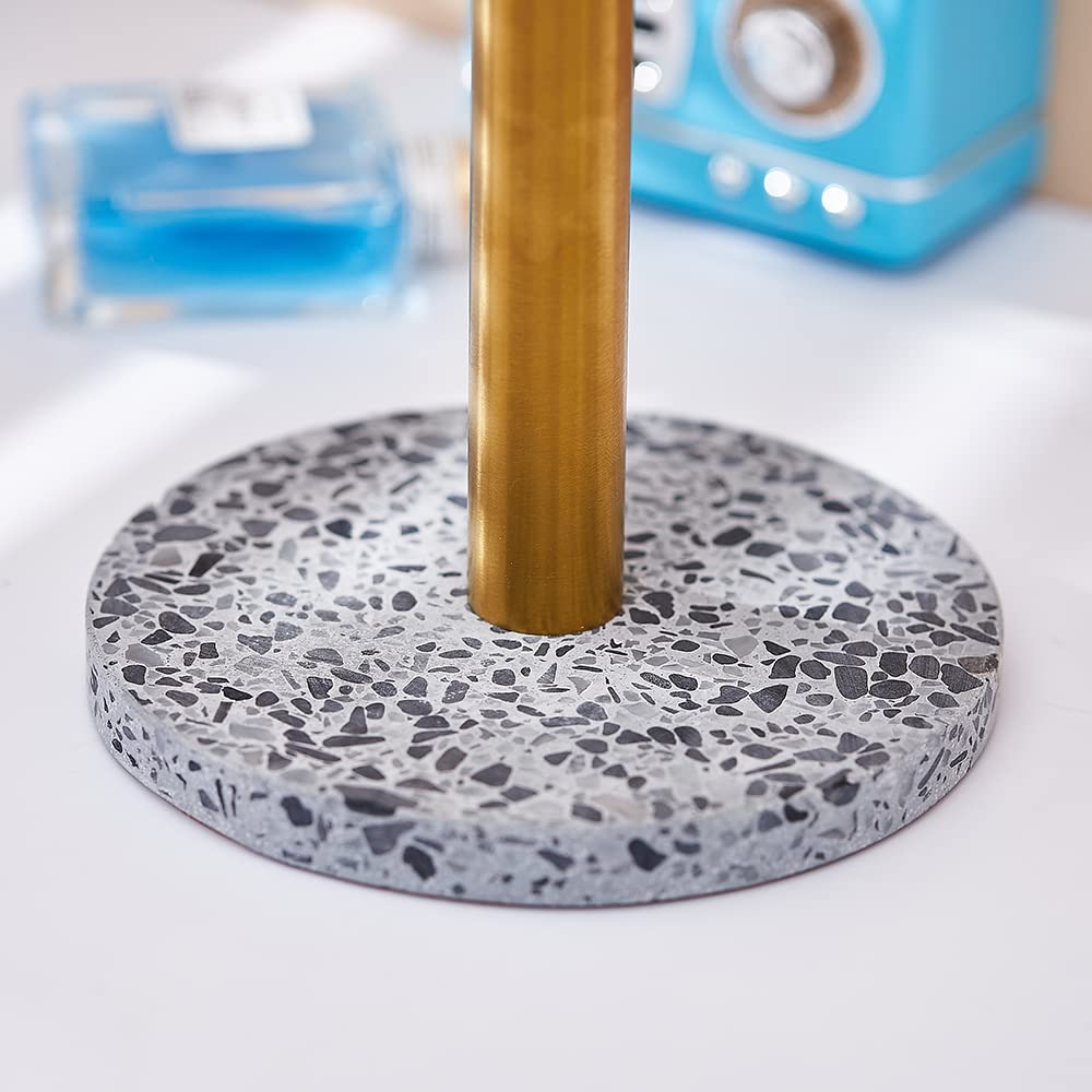 Stainless Steel Kitchen Paper Towel Holder with Golden Roll & Terrazzo Base - Countertop Organizer for Kitchen, Bathroom, Office (Light Grey) - Perfect for Modern Homes & Restaurants