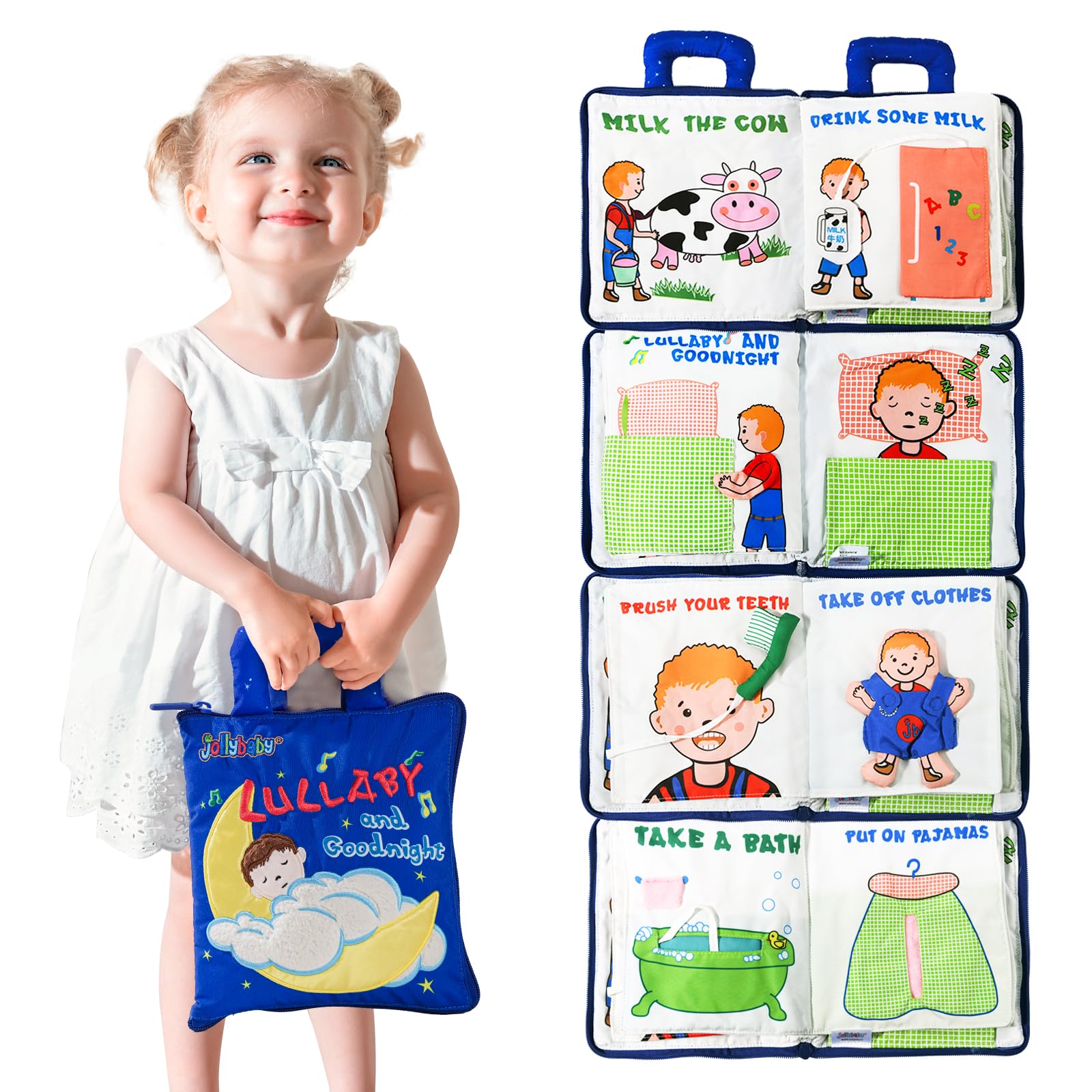Jollybaby Soft Busy Book for Toddlers - Montessori Educational Quiet Book with Lullaby & Goodnight Theme, 10 Learning Activities for 1-3 Year Old Boys & Girls (Navy) | Perfect Travel Toy, Preschool Learning & Sensory Play for Airplane, Car Rides & Bedtime