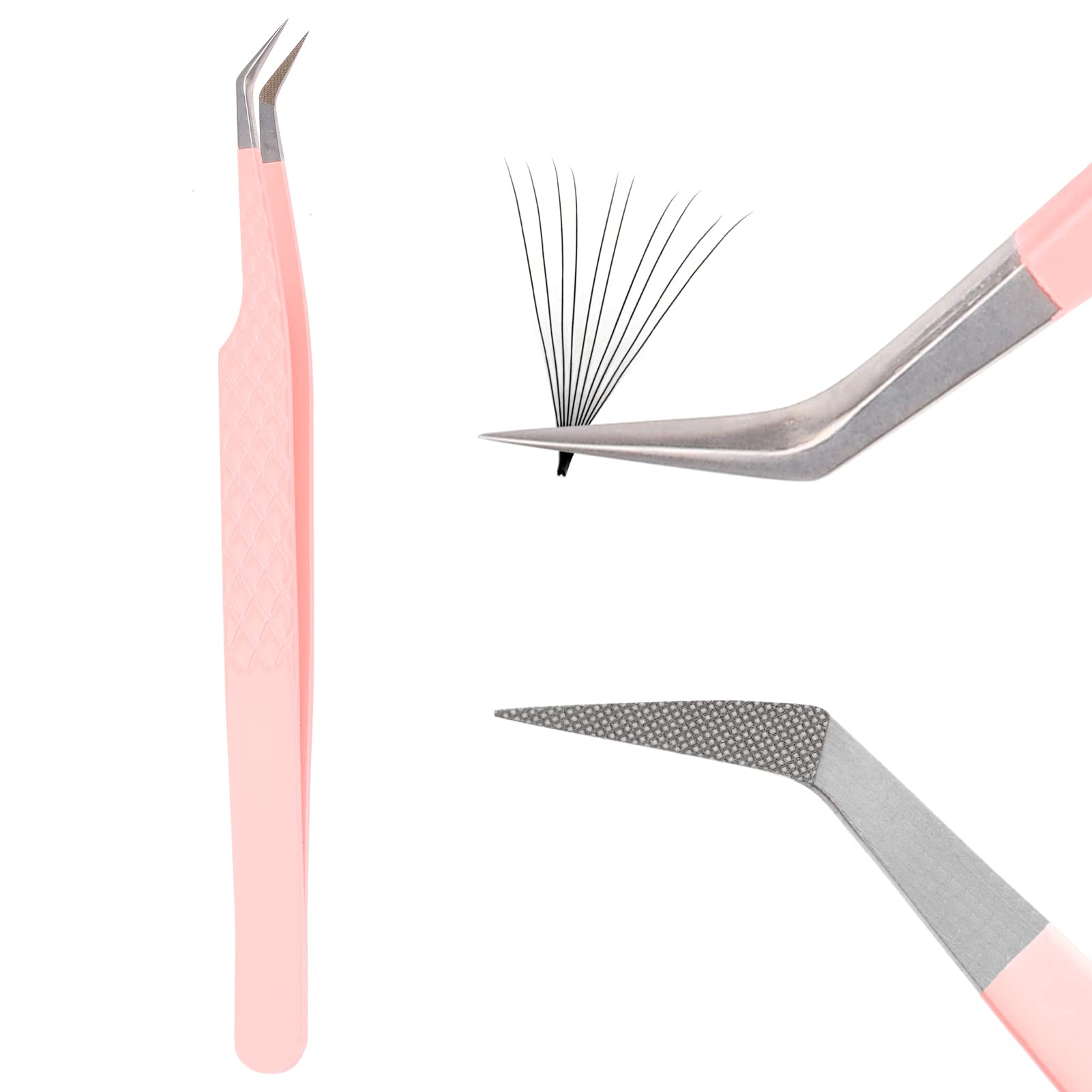 Professional Stainless Steel Eyelash Extension Tweezers - 45 Degree Volume Lash Tweezers with Fiber Tip for Fan Making (Pink, 1PC) | Perfect for Salon Professionals & DIY Lash Artists at Home