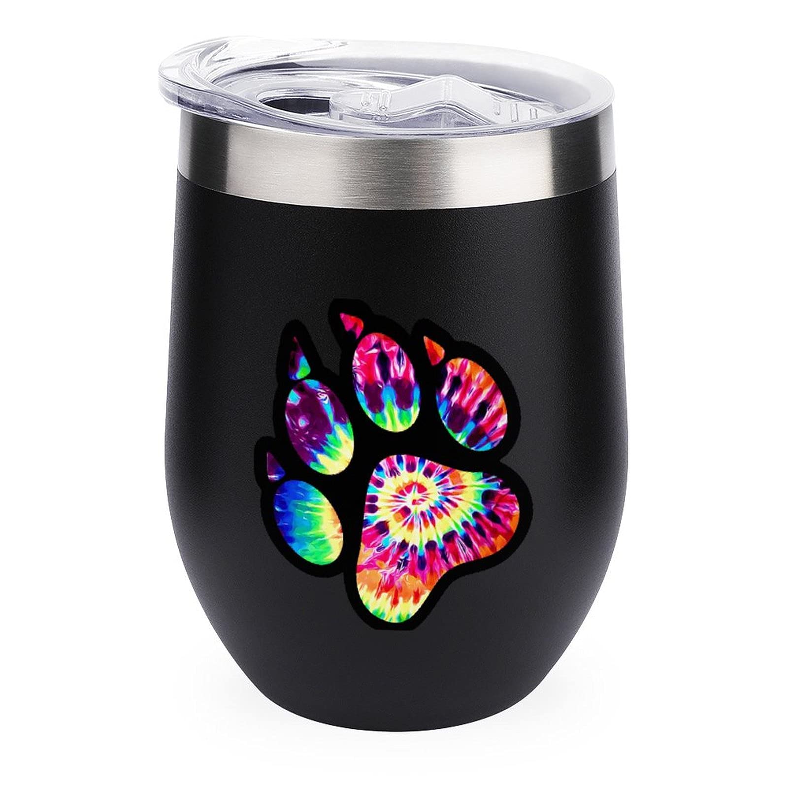 Tie Dye Animal Paw Print Vacuum Insulated Stainless Steel Tumbler with Lid - 20oz Stemless Wine Glass, Travel Mug & Coffee Cup for Outdoor, Camping, Office & Home Use