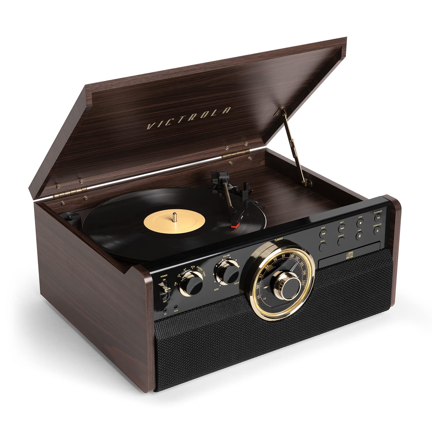 Victrola Empire Mid-Century 6-in-1 Bluetooth Turntable with 3-Speed Record Player, AM/FM Radio, Cassette & CD Player - Vintage Home Audio System for Vinyl Records, Streaming & Retro Music (Espresso) - Perfect for Living Rooms, Home Theaters & Music Lovers' Collections