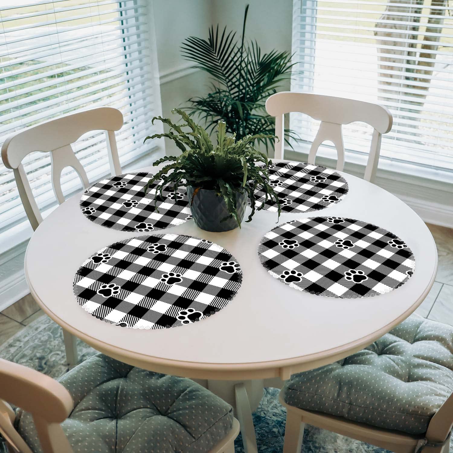 Round Washable Polyester Placemats Set of 4 - Heat Resistant Kitchen Table Mats with Black and White Plaid Dog Paw Design for Dining Room Decor | Perfect for Family Dinners, Pet-Friendly Homes, and Holiday Gatherings