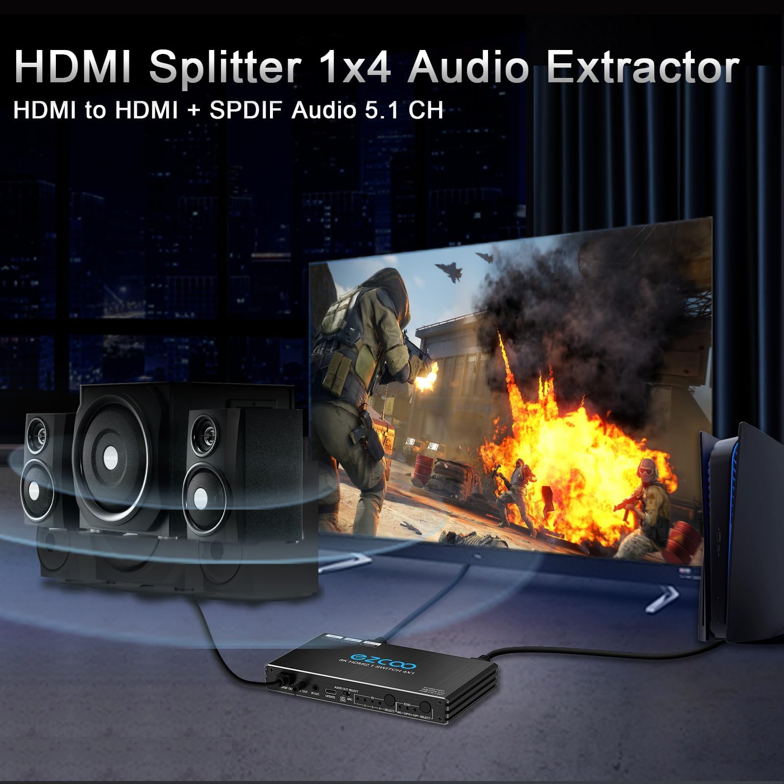 4K HDMI Splitter 1x4 - 4K 120Hz, 8K 60Hz, HDR, VRR, G-Sync Compatible - HDCP 2.2/2.3 Bypass, EDID Management - Perfect for Gaming PC, Xbox Series X/S, PS5, Roku & Fire TV - Home Theater & Multi-Screen Setup