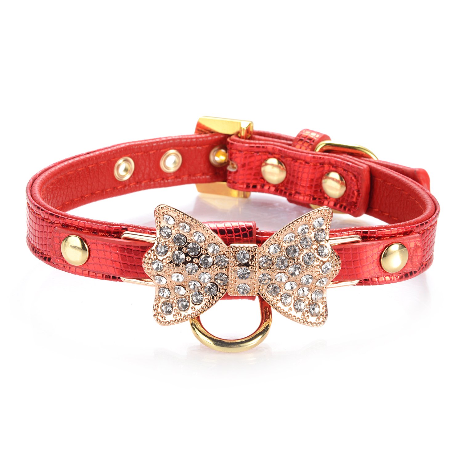 **LOVPE Gold Bling Diamond Glitter Leather Fashion Collar with Ring for Small Dogs & Cats - XS, Red | Walking, Travel, Party & Gifts for Puppy, Kitty, Poodle, Bulldog & Yorkshire Terrier**    *(Use for daily walks, pet parties, travel adventures, and stylish photo shoots!)*