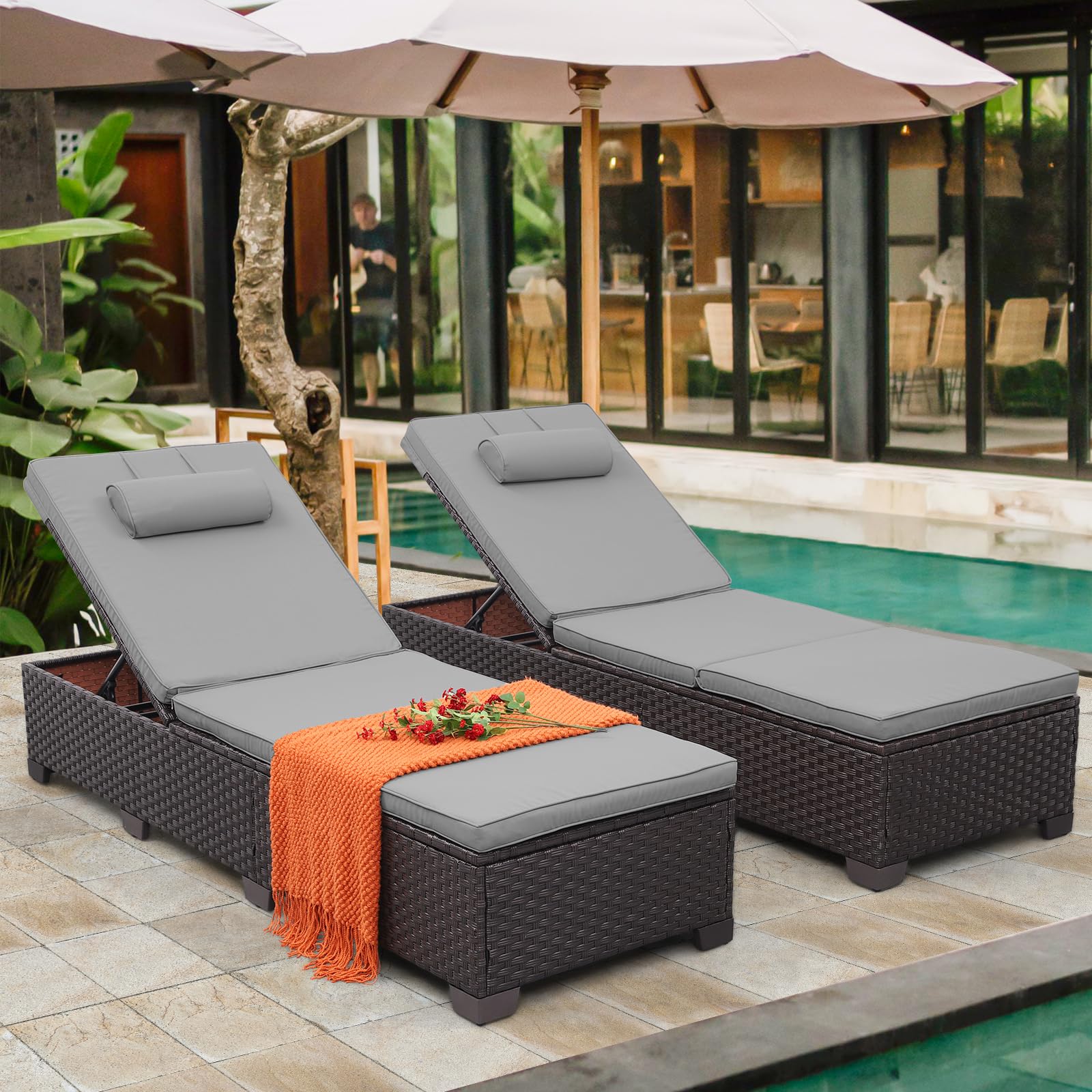 Brown Wicker Patio Chaise Lounge Chairs Set of 2 - Outdoor Poolside Recliners with Grey Cushions & Headrest - Perfect for Backyard, Pool Deck, Beach and Garden Relaxation
