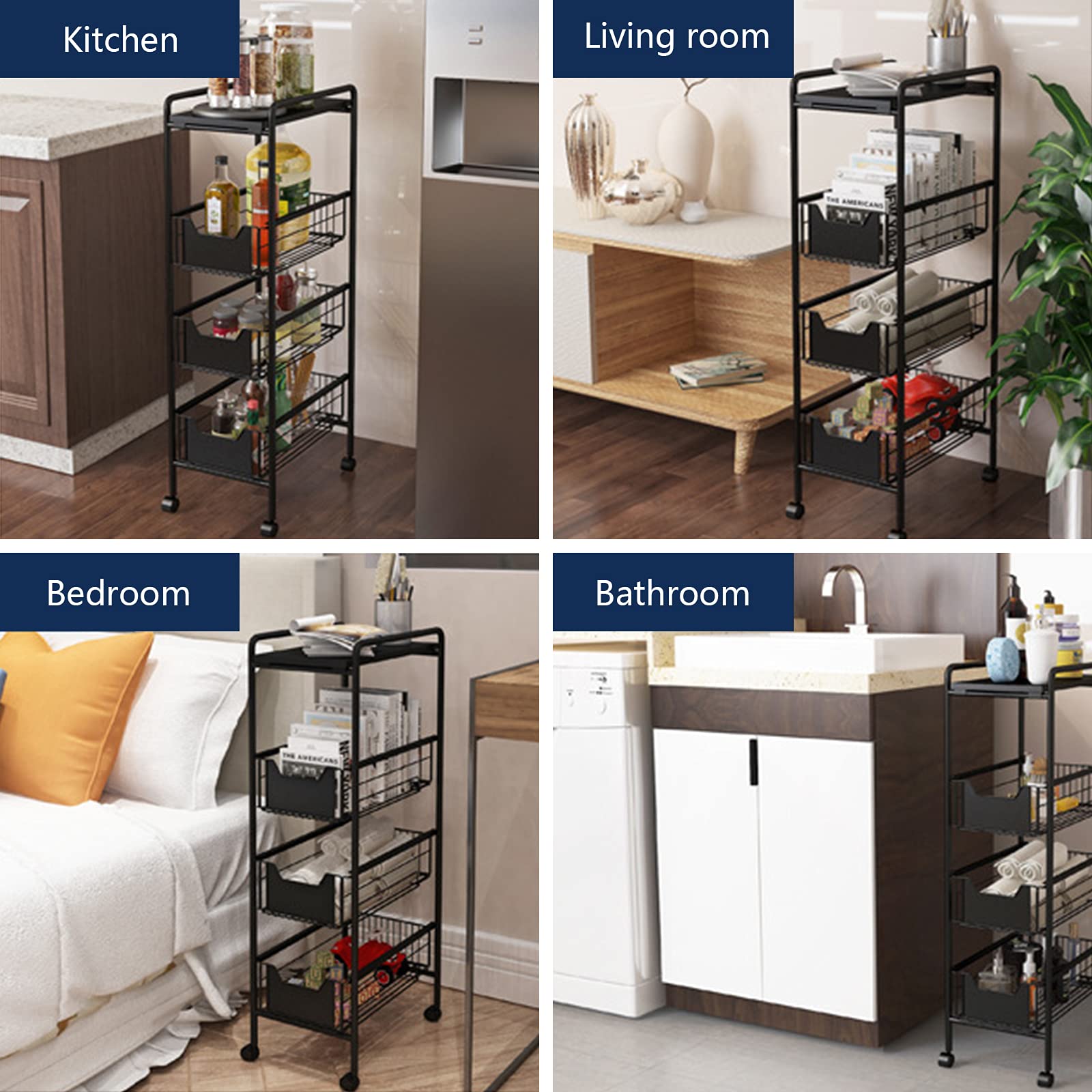 4-Tier Rotating Kitchen Storage Shelf with Wheels - Narrow Multi-Layer Baker's Rack for Spice, Pantry & Countertop Organization - Free Standing Kitchen Organizer for Small Spaces & Apartment Cooking