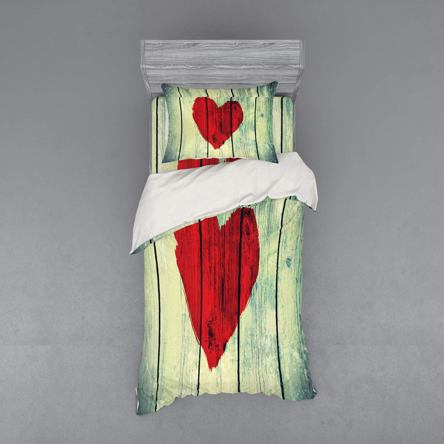Ambesonne Love Themed Bedding Set - Heart Print on Rustic Wooden Wall Design, 3-Piece Duvet Cover with Sham & Fitted Sheet, Twin XL Size in Red & Pale Green | Romantic Bedroom Decor for Couples, Valentine's Gift Idea