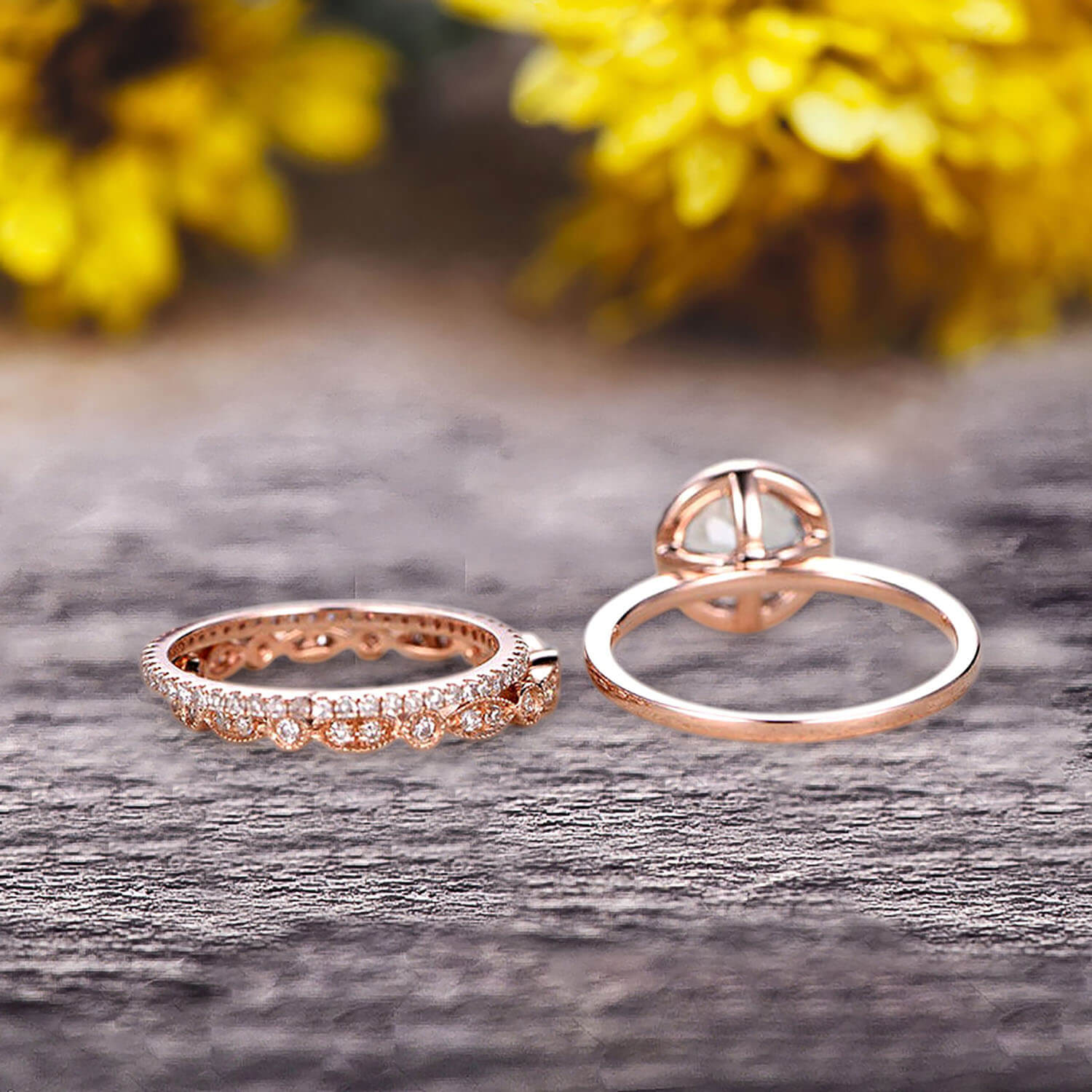 10K Rose Gold 1.75 Carat Round Cut Aquamarine Engagement Ring Set with Matching Wedding Bands & Moissanite Halo - Art Deco Style for Bridal Jewelry & Anniversary Gifts
