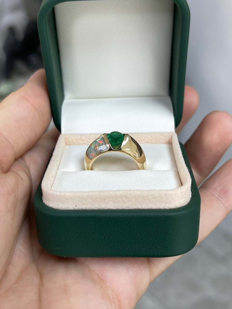 1.05ct 14K Gold Natural Green Oval Emerald & Opal Accent Statement Men's Ring for Wedding, Engagement & Special Occasions - Luxury Jewelry Gift for Him