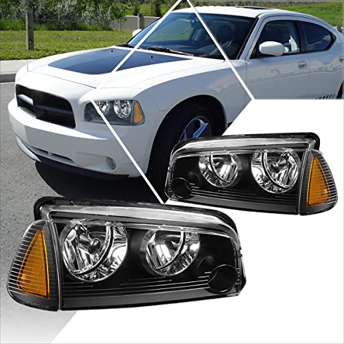 PM PERFORMOTOR 2Pcs Black Housing Amber Corner Replacement Headlights Assembly for 2006-2010 Dodge Charger - Perfect for Night Driving & Car Upgrades