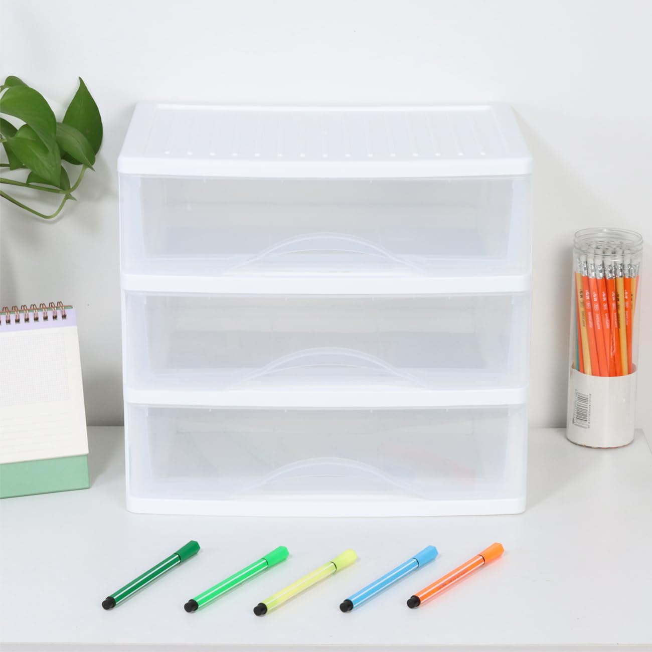 BYCY 3-Drawer Stackable Plastic Storage Organizer - Clear Wide Drawers for Bathroom, Makeup, Desk & Fridge - Easy Assembly White Tabletop Cabinet Organizer - Perfect for Home, Office & Vanity Organization