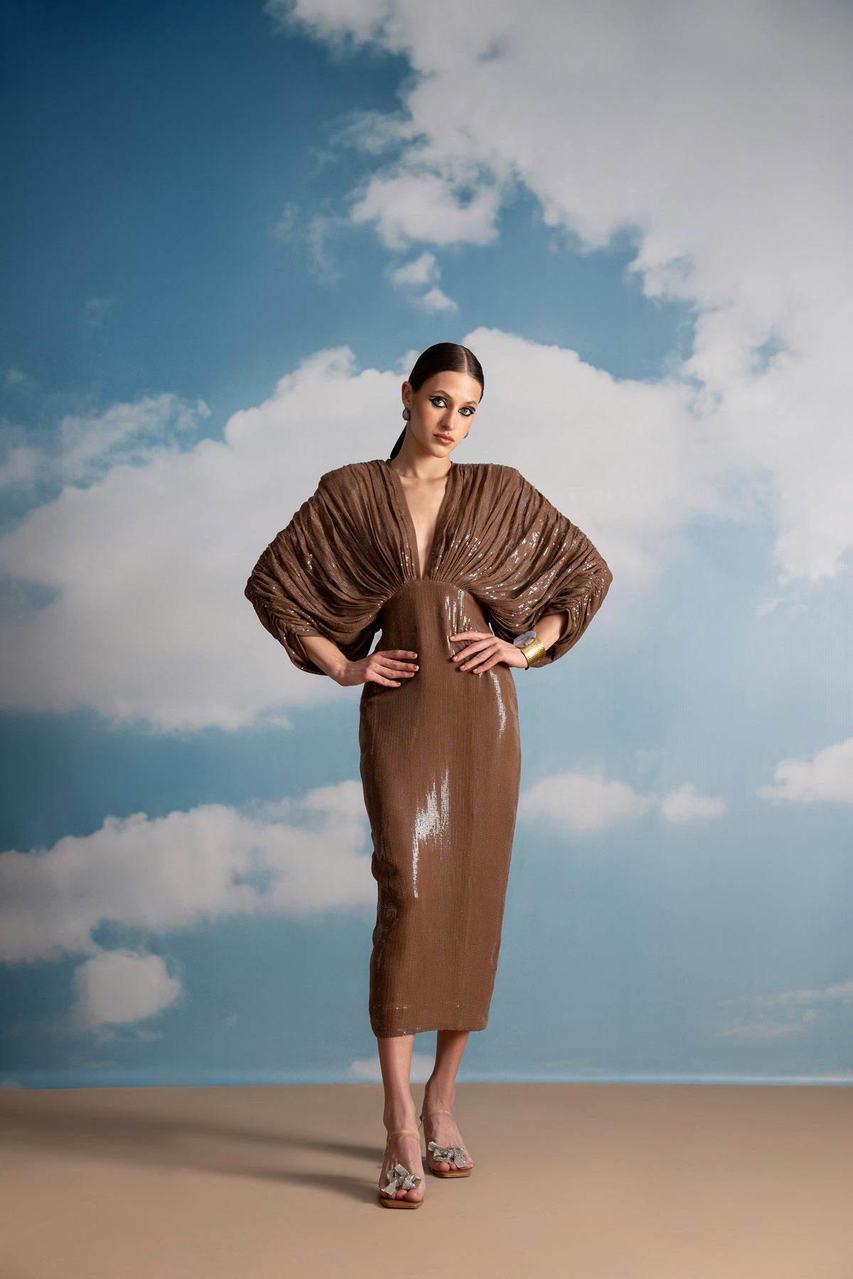 Luxury Beige Sequin Kimono Dress for Women - Elegant Evening Gown for Parties, Weddings & Special Occasions